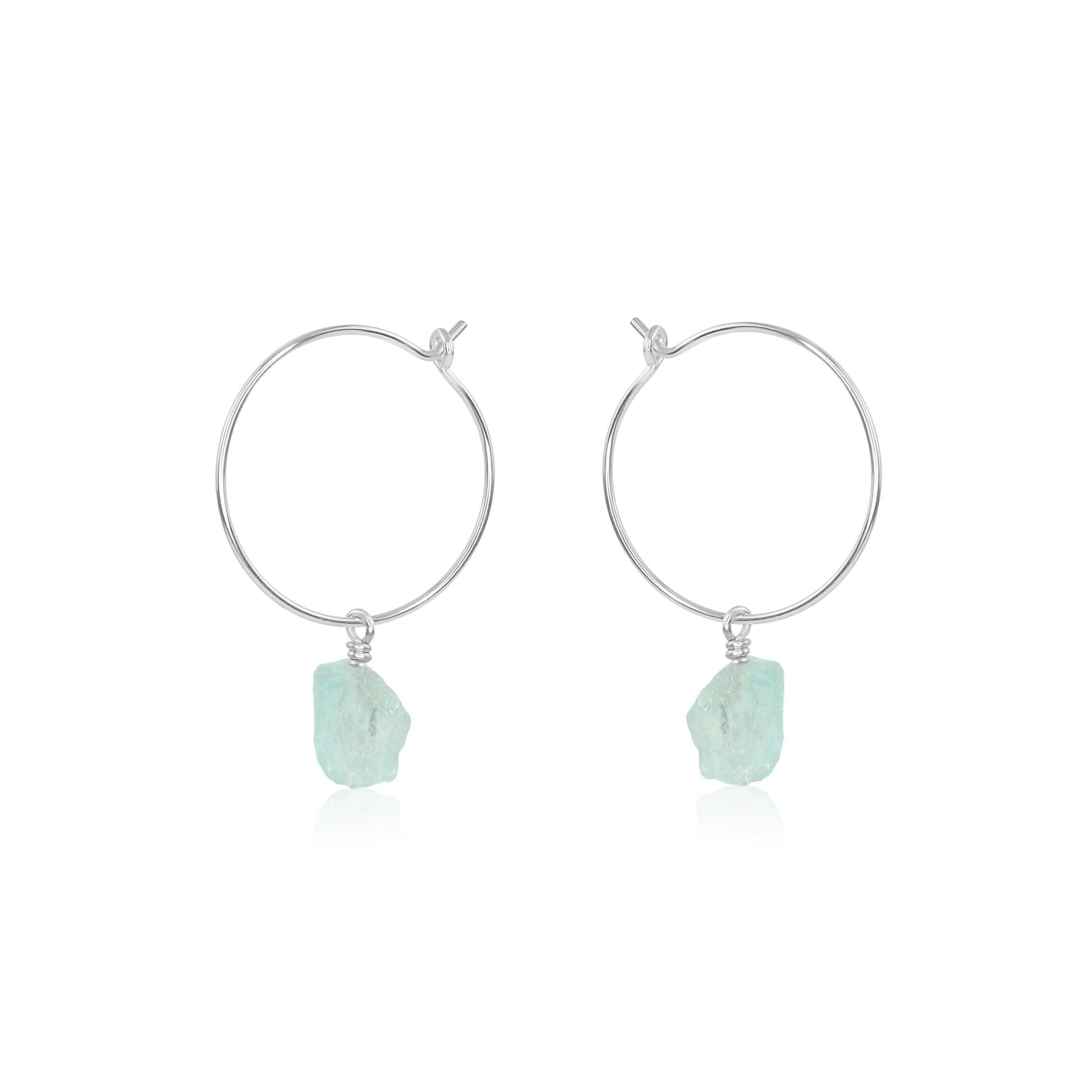 Raw Aquamarine Gemstone Dangle Hoop Earrings - Raw Aquamarine Gemstone Dangle Hoop Earrings - Sterling Silver - Luna Tide Handmade Crystal Jewellery
