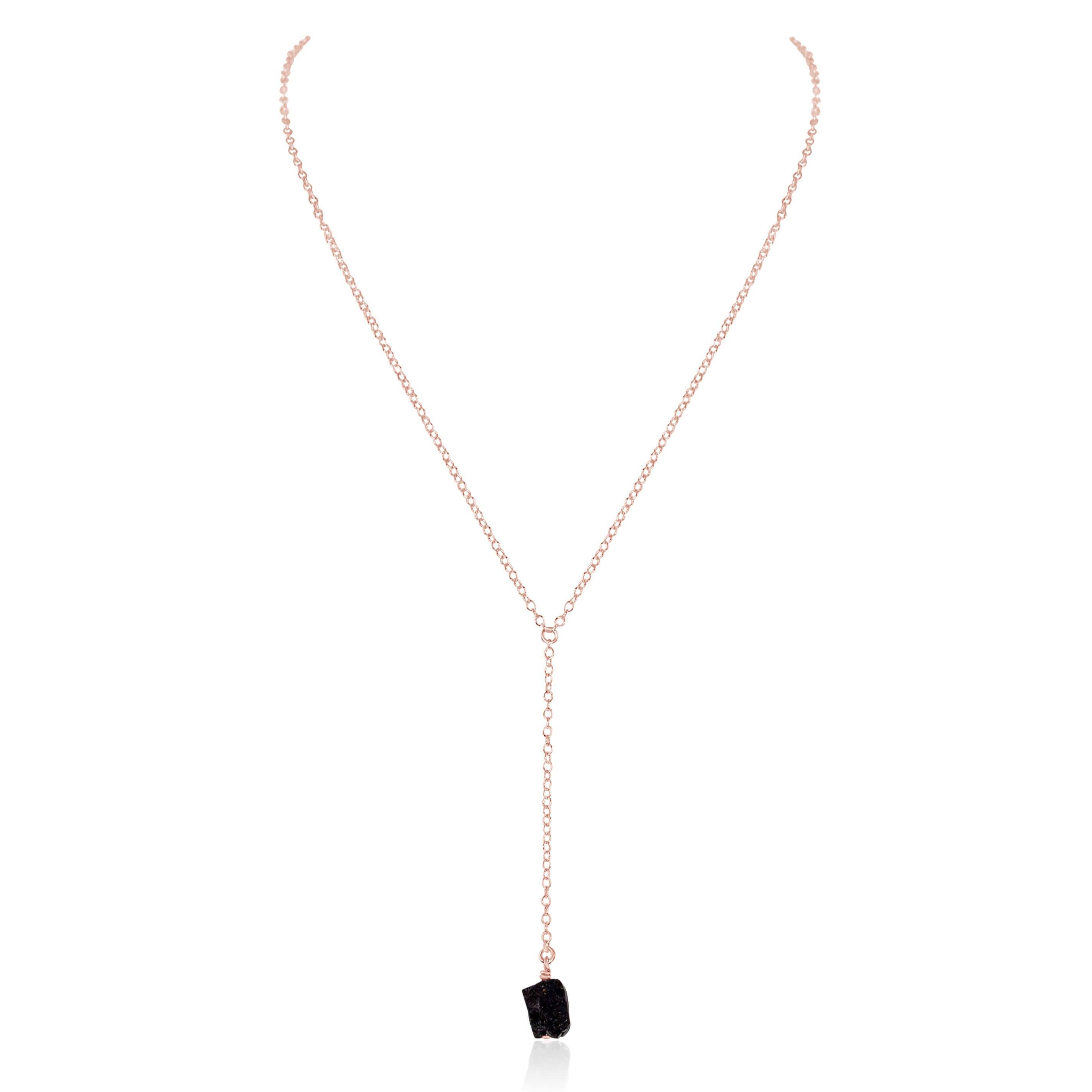 Raw Black Tourmaline Crystal Lariat Necklace - Raw Black Tourmaline Crystal Lariat Necklace - 14k Rose Gold Fill - Luna Tide Handmade Crystal Jewellery