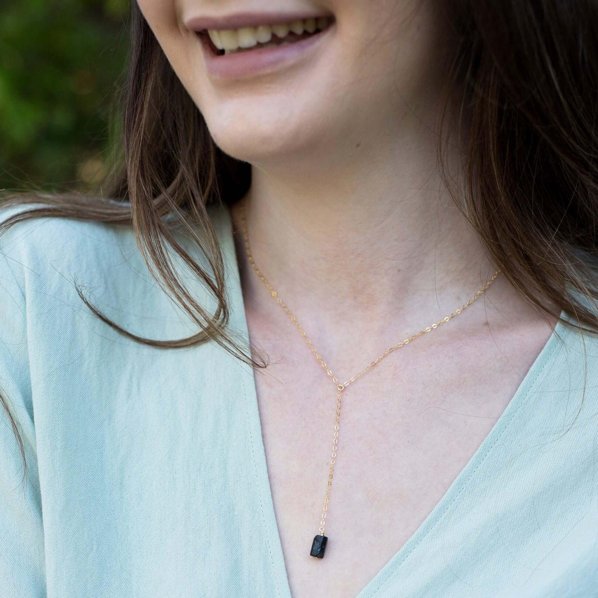 Raw Black Tourmaline Crystal Lariat Necklace - Raw Black Tourmaline Crystal Lariat Necklace - Sterling Silver - Luna Tide Handmade Crystal Jewellery