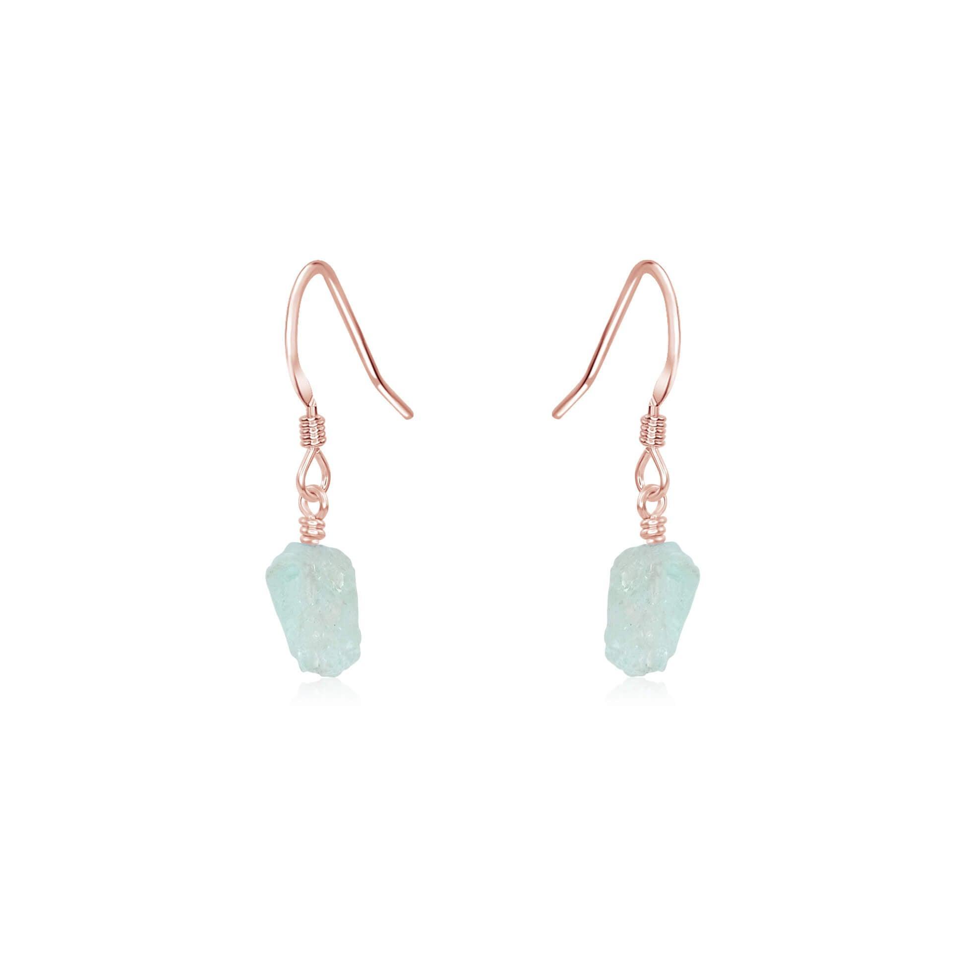 Raw Blue Aquamarine Crystal Dangle Drop Earrings - Raw Blue Aquamarine Crystal Dangle Drop Earrings - 14k Rose Gold Fill - Luna Tide Handmade Crystal Jewellery