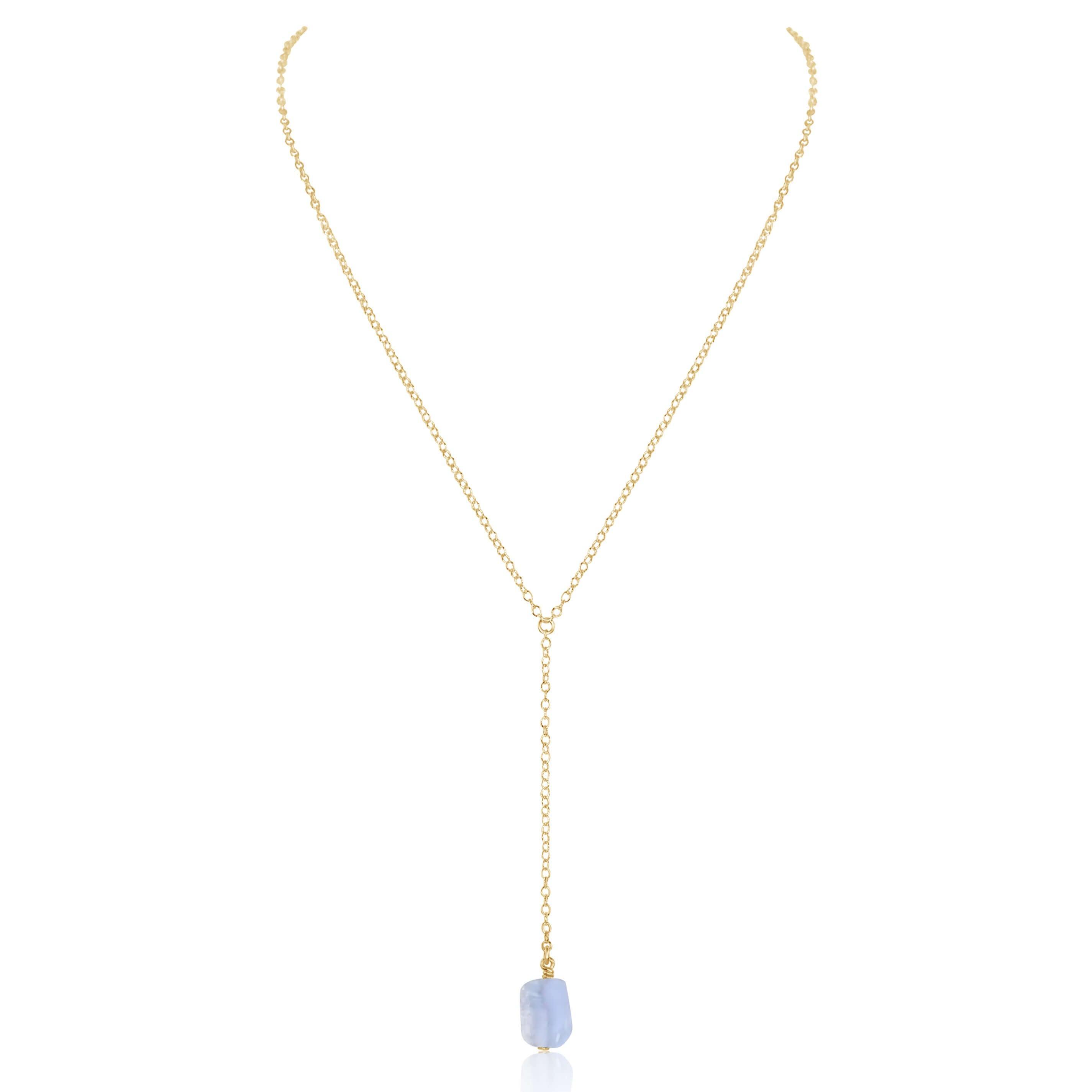 Raw Blue Lace Agate Crystal Lariat Necklace - Raw Blue Lace Agate Crystal Lariat Necklace - 14k Gold Fill - Luna Tide Handmade Crystal Jewellery