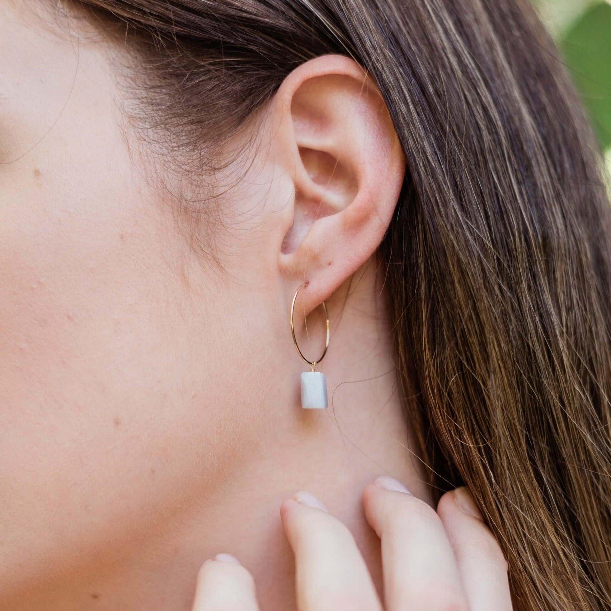 Raw Blue Lace Agate Gemstone Dangle Hoop Earrings - Raw Blue Lace Agate Gemstone Dangle Hoop Earrings - 14k Gold Fill - Luna Tide Handmade Crystal Jewellery