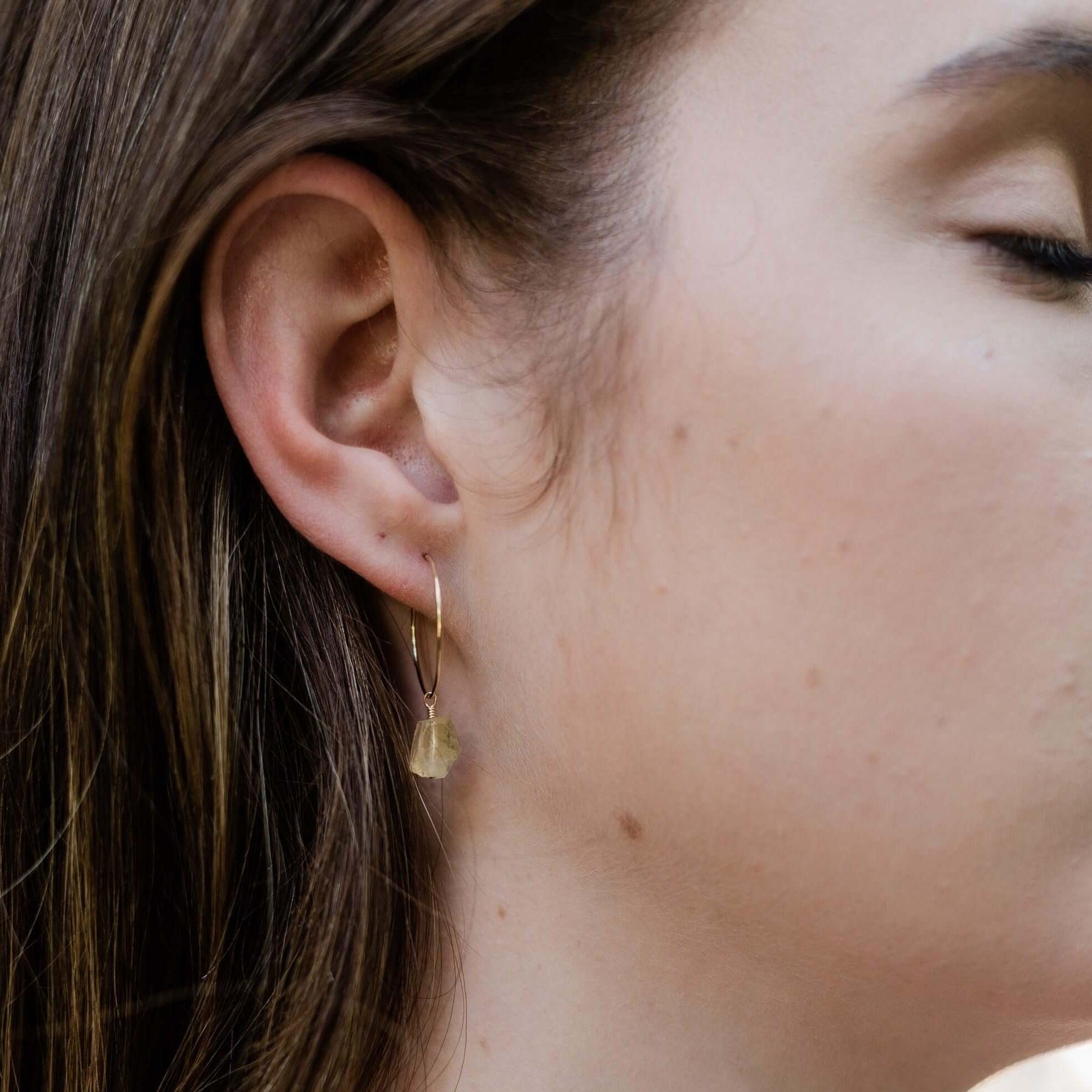 Raw Citrine Gemstone Dangle Hoop Earrings - Raw Citrine Gemstone Dangle Hoop Earrings - 14k Gold Fill - Luna Tide Handmade Crystal Jewellery