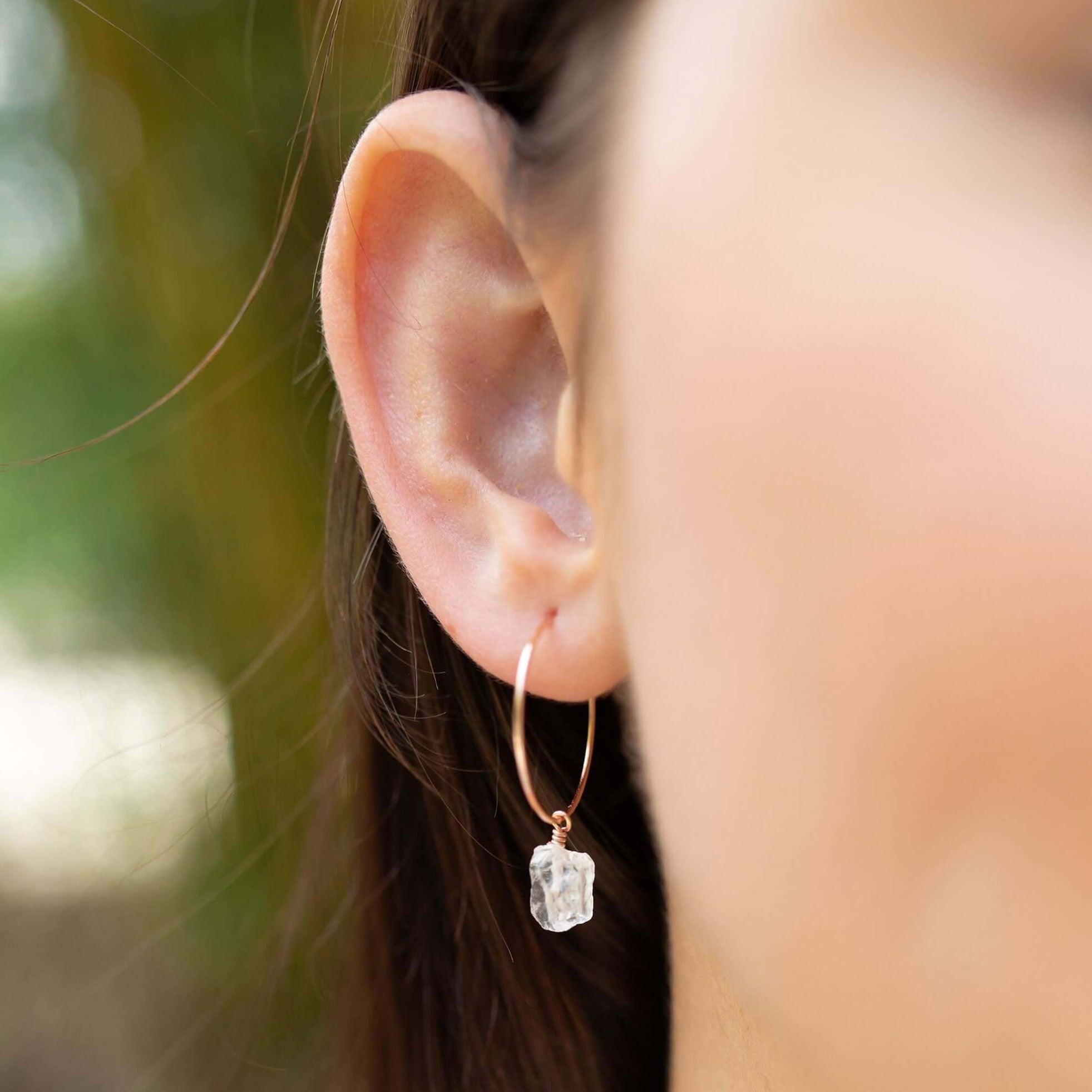 Raw Crystal Quartz Gemstone Dangle Hoop Earrings - Raw Crystal Quartz Gemstone Dangle Hoop Earrings - 14k Gold Fill - Luna Tide Handmade Crystal Jewellery
