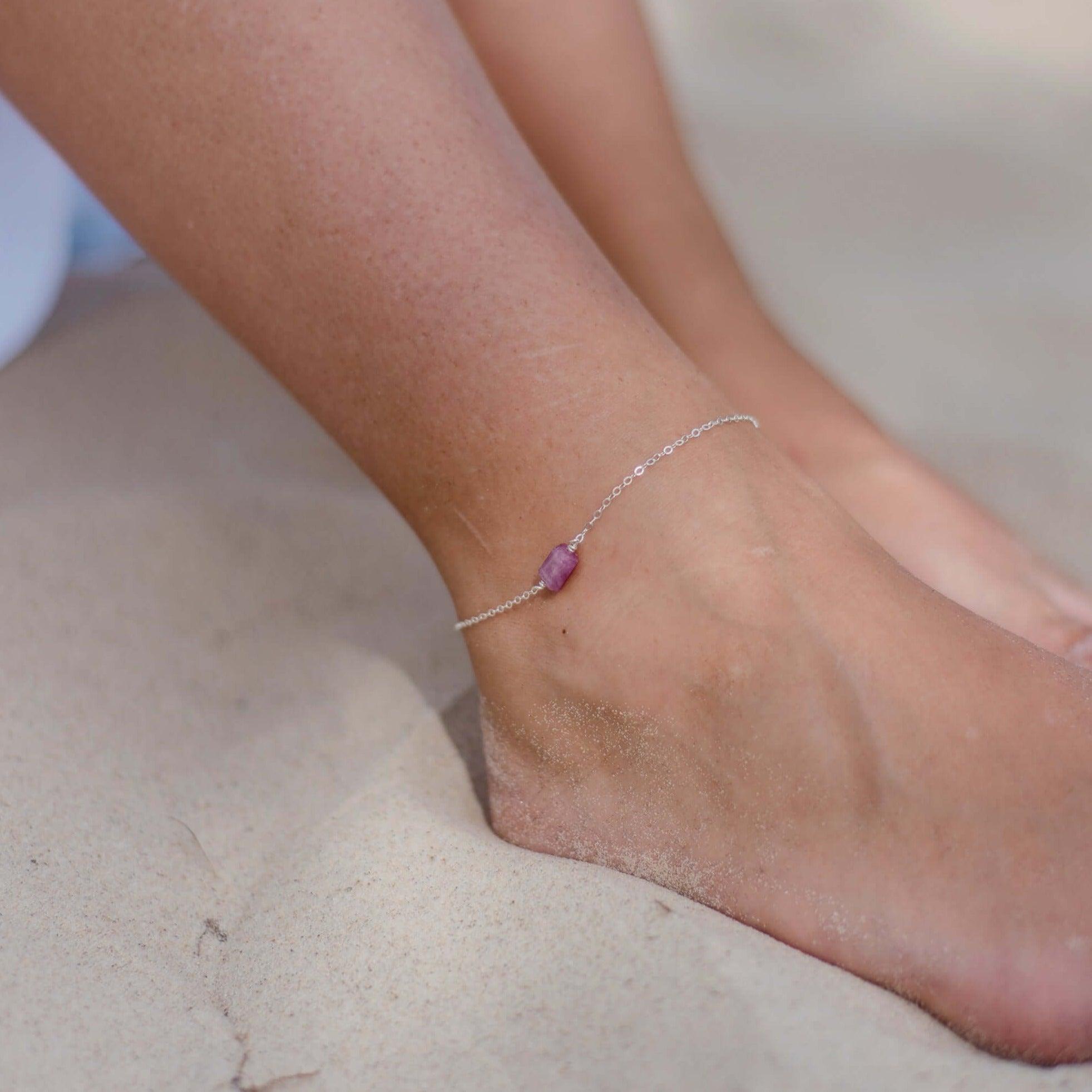 Raw Earth Red Ruby Crystal Nugget Anklet - Raw Earth Red Ruby Crystal Nugget Anklet - 14k Gold Fill - Luna Tide Handmade Crystal Jewellery