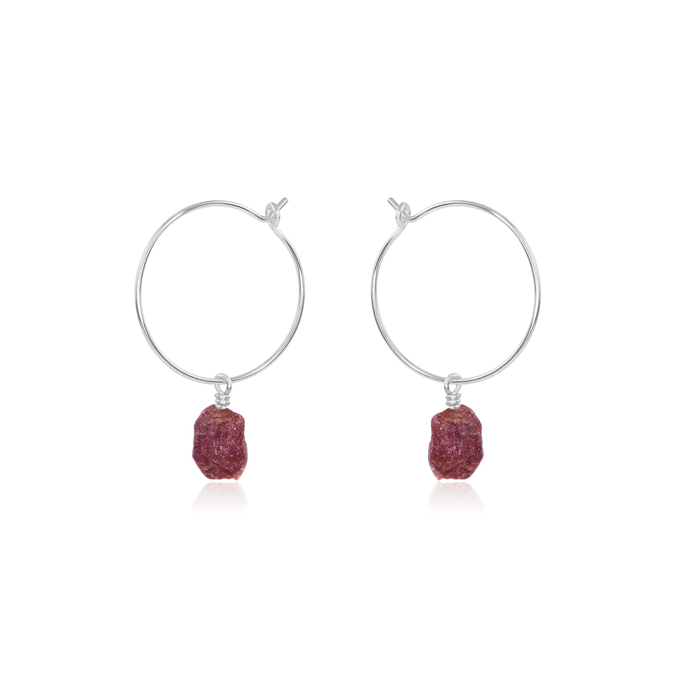Raw Earth Red Ruby Gemstone Dangle Hoop Earrings - Raw Earth Red Ruby Gemstone Dangle Hoop Earrings - Sterling Silver - Luna Tide Handmade Crystal Jewellery