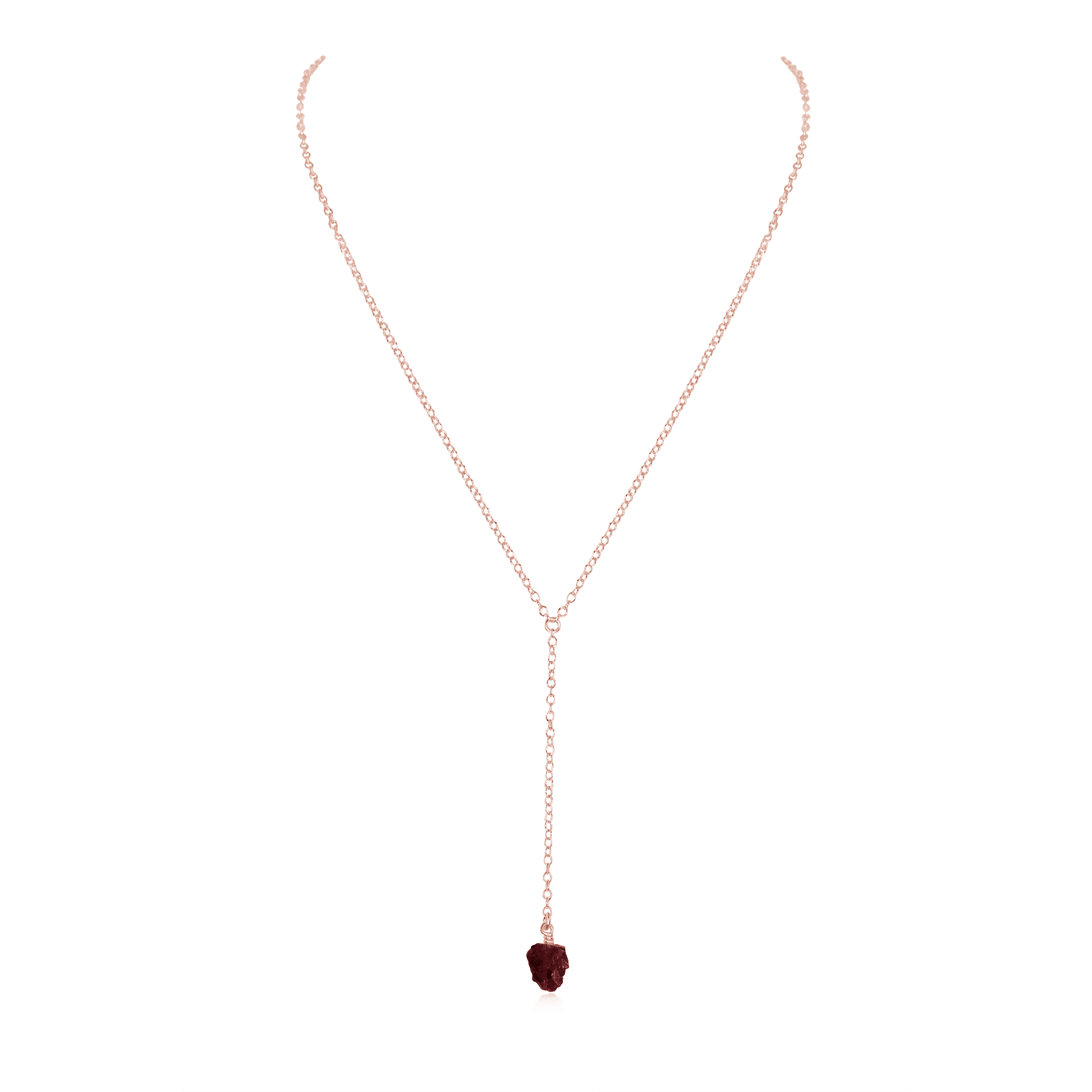 Raw Garnet Crystal Lariat Necklace - Raw Garnet Crystal Lariat Necklace - 14k Rose Gold Fill - Luna Tide Handmade Crystal Jewellery