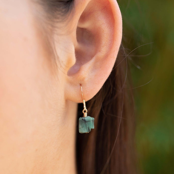 Raw Green Emerald Crystal Dangle Drop Earrings - Raw Green Emerald Crystal Dangle Drop Earrings - 14k Gold Fill - Luna Tide Handmade Crystal Jewellery
