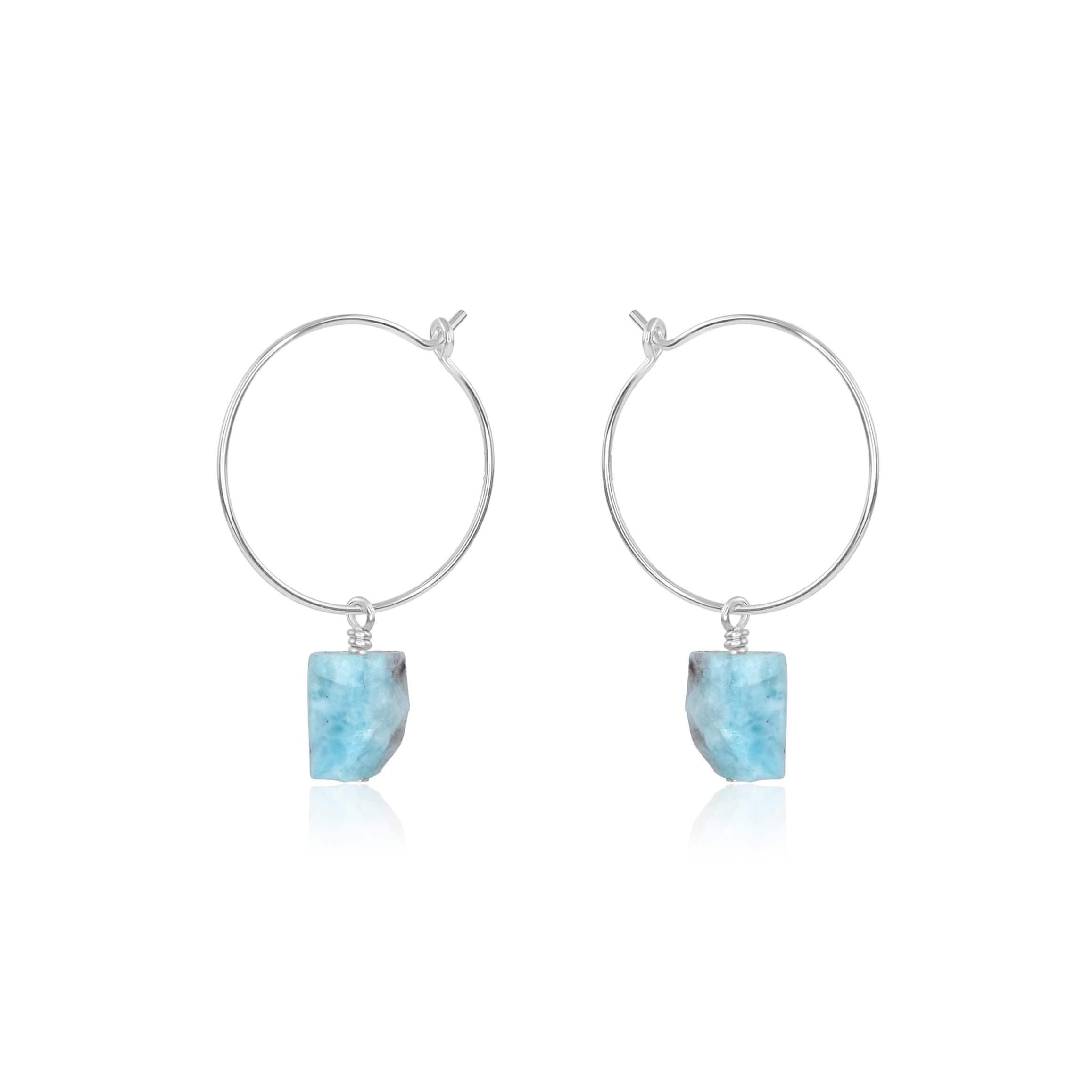 Raw Larimar Gemstone Dangle Hoop Earrings - Raw Larimar Gemstone Dangle Hoop Earrings - Sterling Silver - Luna Tide Handmade Crystal Jewellery