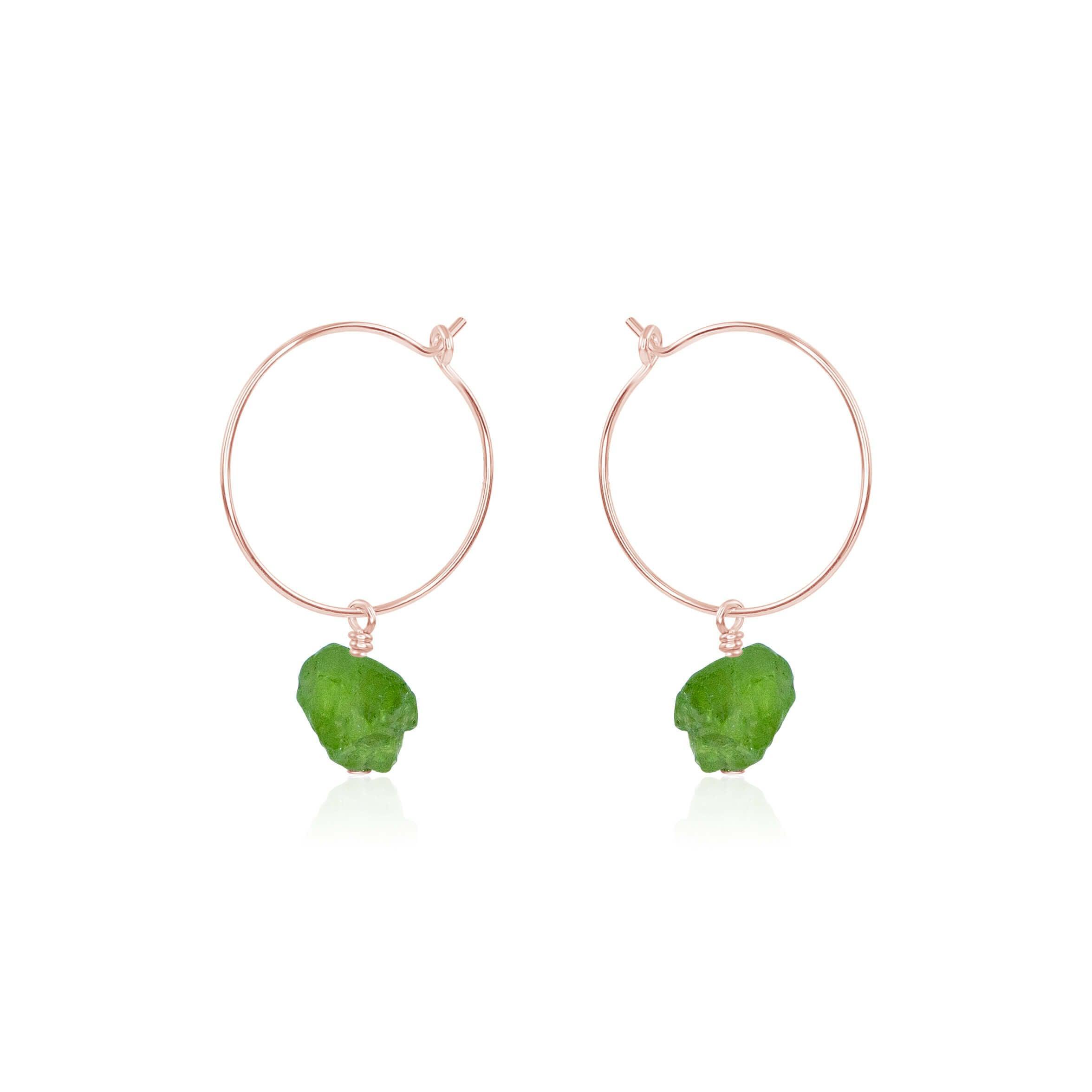 Raw Peridot Gemstone Dangle Hoop Earrings - Raw Peridot Gemstone Dangle Hoop Earrings - 14k Rose Gold Fill - Luna Tide Handmade Crystal Jewellery