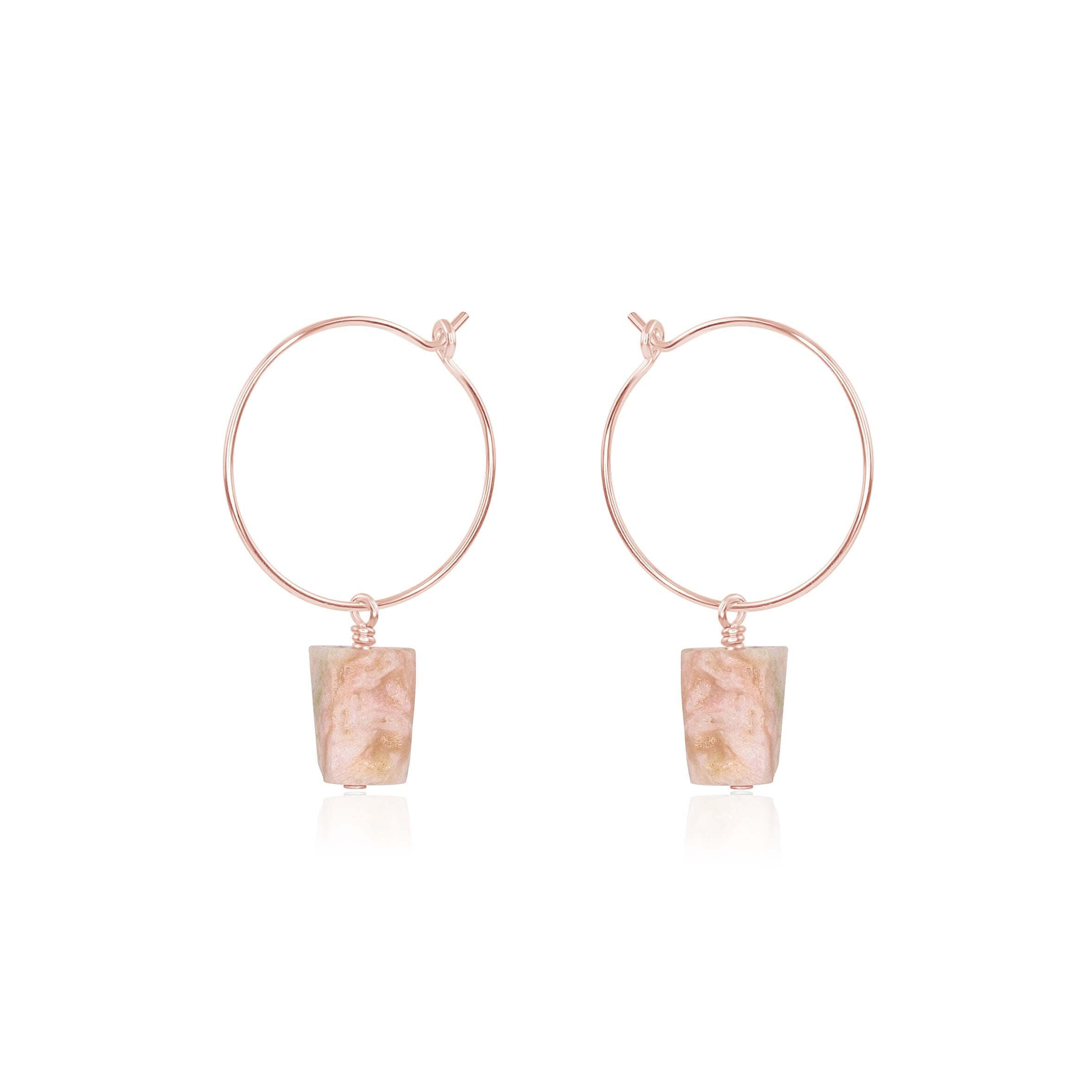 Raw Pink Peruvian Opal Gemstone Dangle Hoop Earrings - Raw Pink Peruvian Opal Gemstone Dangle Hoop Earrings - 14k Rose Gold Fill - Luna Tide Handmade Crystal Jewellery