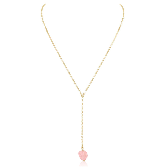 Raw Pink Rose Quartz Crystal Lariat Necklace - Raw Pink Rose Quartz Crystal Lariat Necklace - 14k Gold Fill - Luna Tide Handmade Crystal Jewellery