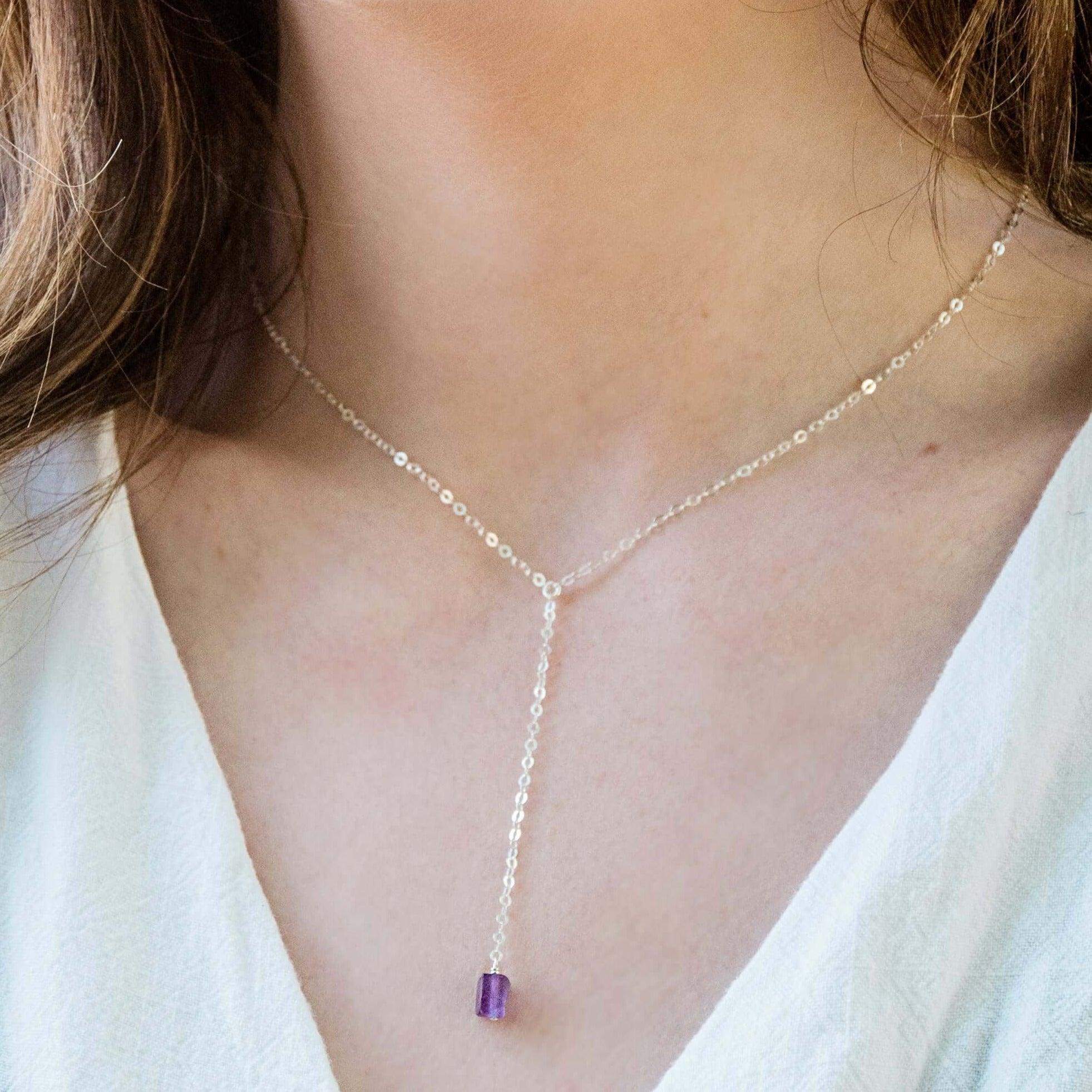 Raw Purple Amethyst Crystal Lariat Necklace - Raw Purple Amethyst Crystal Lariat Necklace - 14k Gold Fill - Luna Tide Handmade Crystal Jewellery