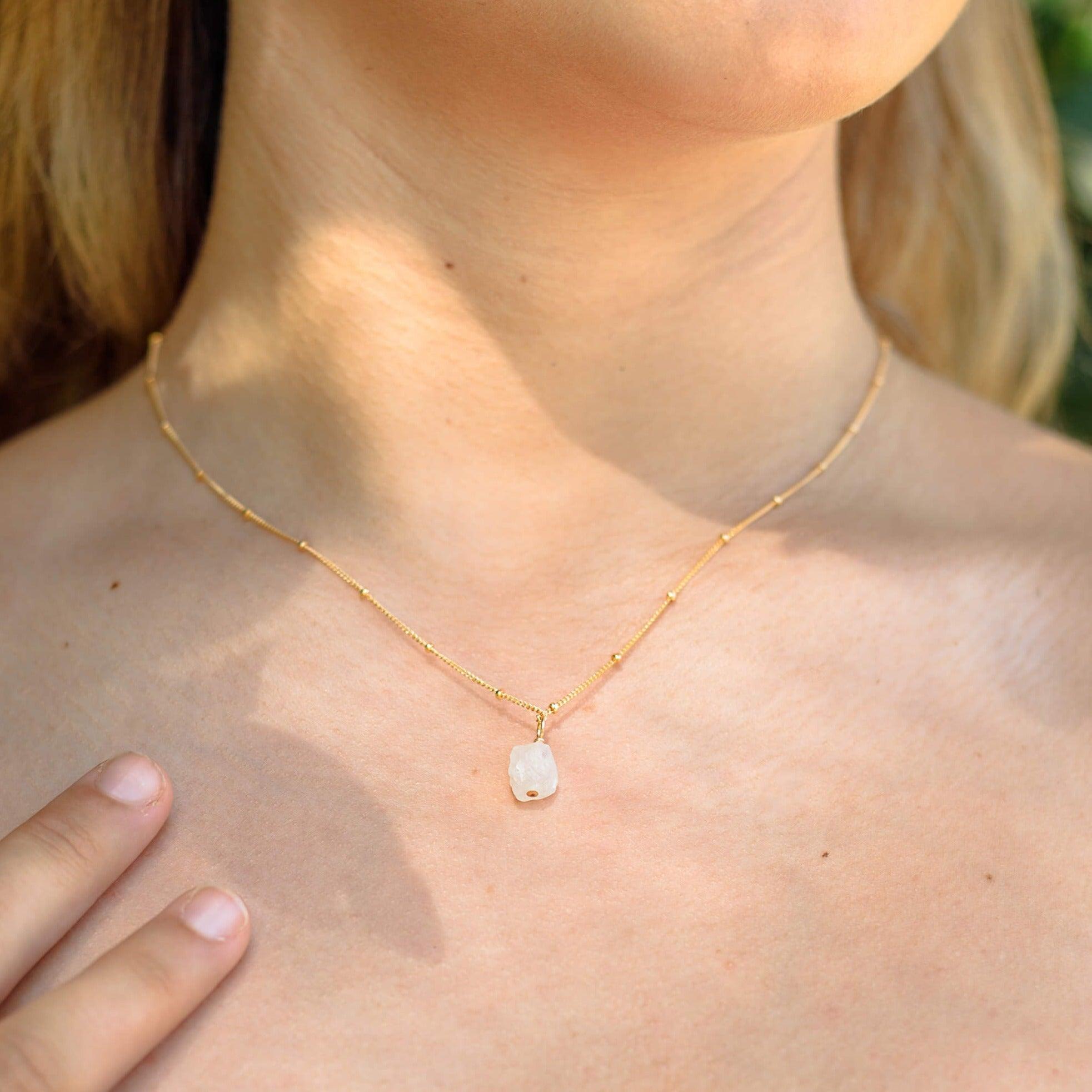 Raw Rainbow Moonstone Natural Crystal Pendant Necklace - Raw Rainbow Moonstone Natural Crystal Pendant Necklace - 14k Gold Fill / Satellite - Luna Tide Handmade Crystal Jewellery