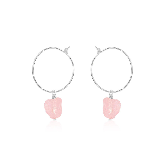 Raw Rose Quartz Gemstone Dangle Hoop Earrings - Raw Rose Quartz Gemstone Dangle Hoop Earrings - Sterling Silver - Luna Tide Handmade Crystal Jewellery