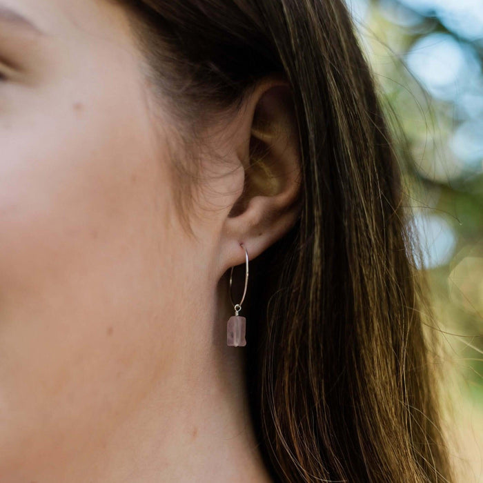 Raw Rose Quartz Gemstone Dangle Hoop Earrings - Raw Rose Quartz Gemstone Dangle Hoop Earrings - Sterling Silver - Luna Tide Handmade Crystal Jewellery