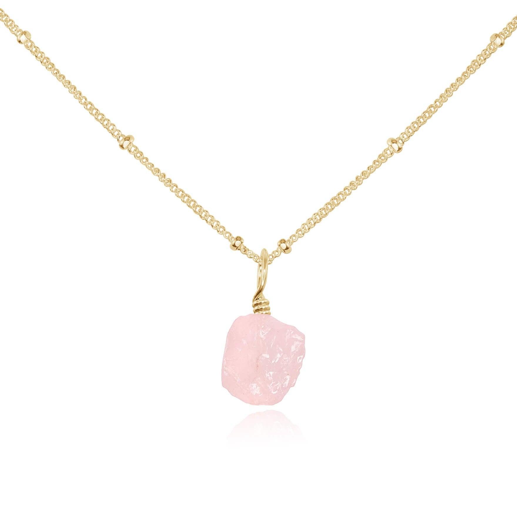 Raw Rose Quartz Natural Crystal Pendant Necklace - Raw Rose Quartz Natural Crystal Pendant Necklace - 14k Gold Fill / Satellite - Luna Tide Handmade Crystal Jewellery