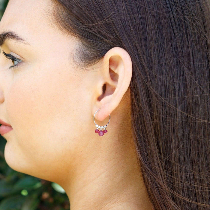 Red Ruby Gemstone Bead Drop Hoop Earrings - Red Ruby Gemstone Bead Drop Hoop Earrings - Sterling Silver - Luna Tide Handmade Crystal Jewellery