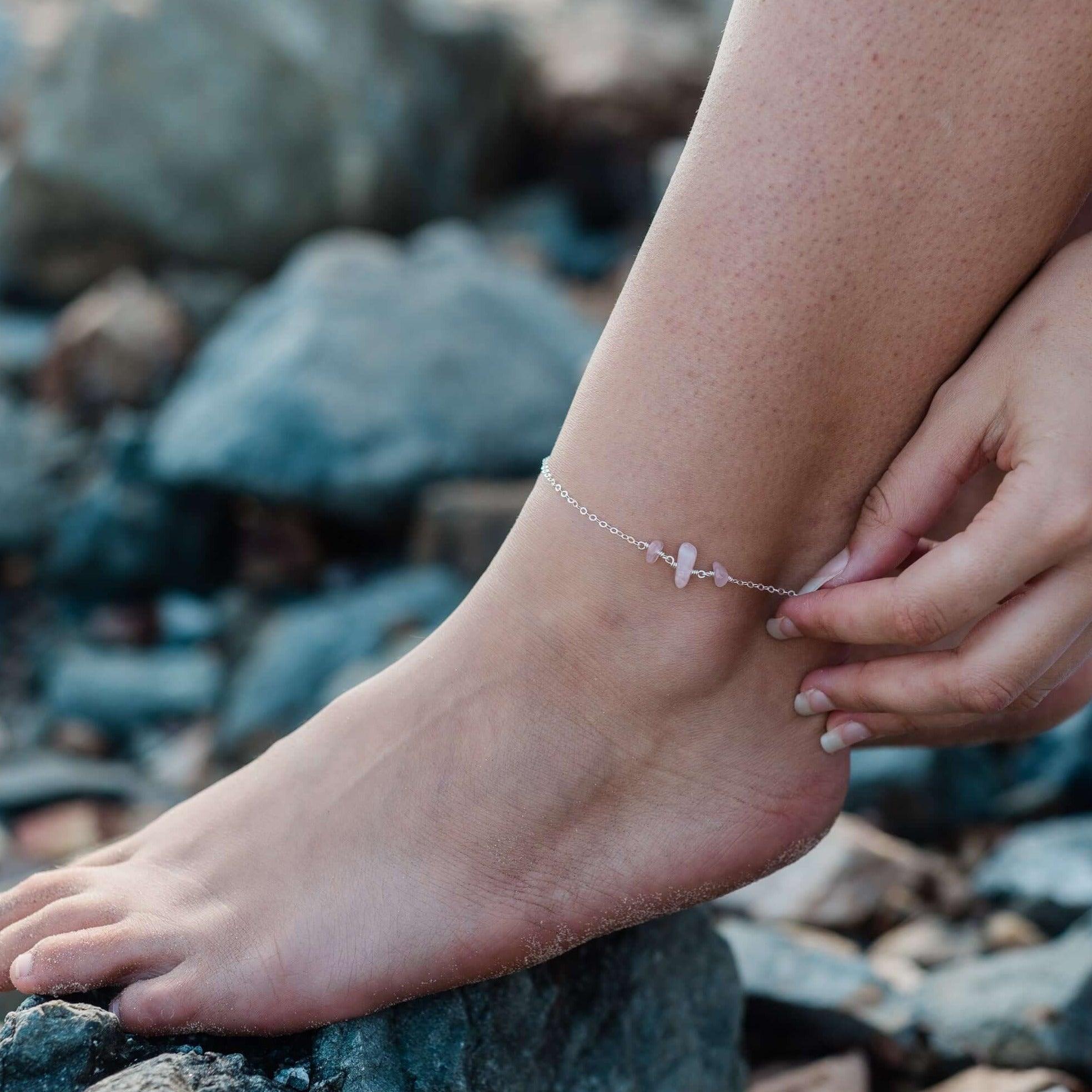 Rose Quartz Beaded Chain Anklet - Rose Quartz Beaded Chain Anklet - 14k Gold Fill - Luna Tide Handmade Crystal Jewellery
