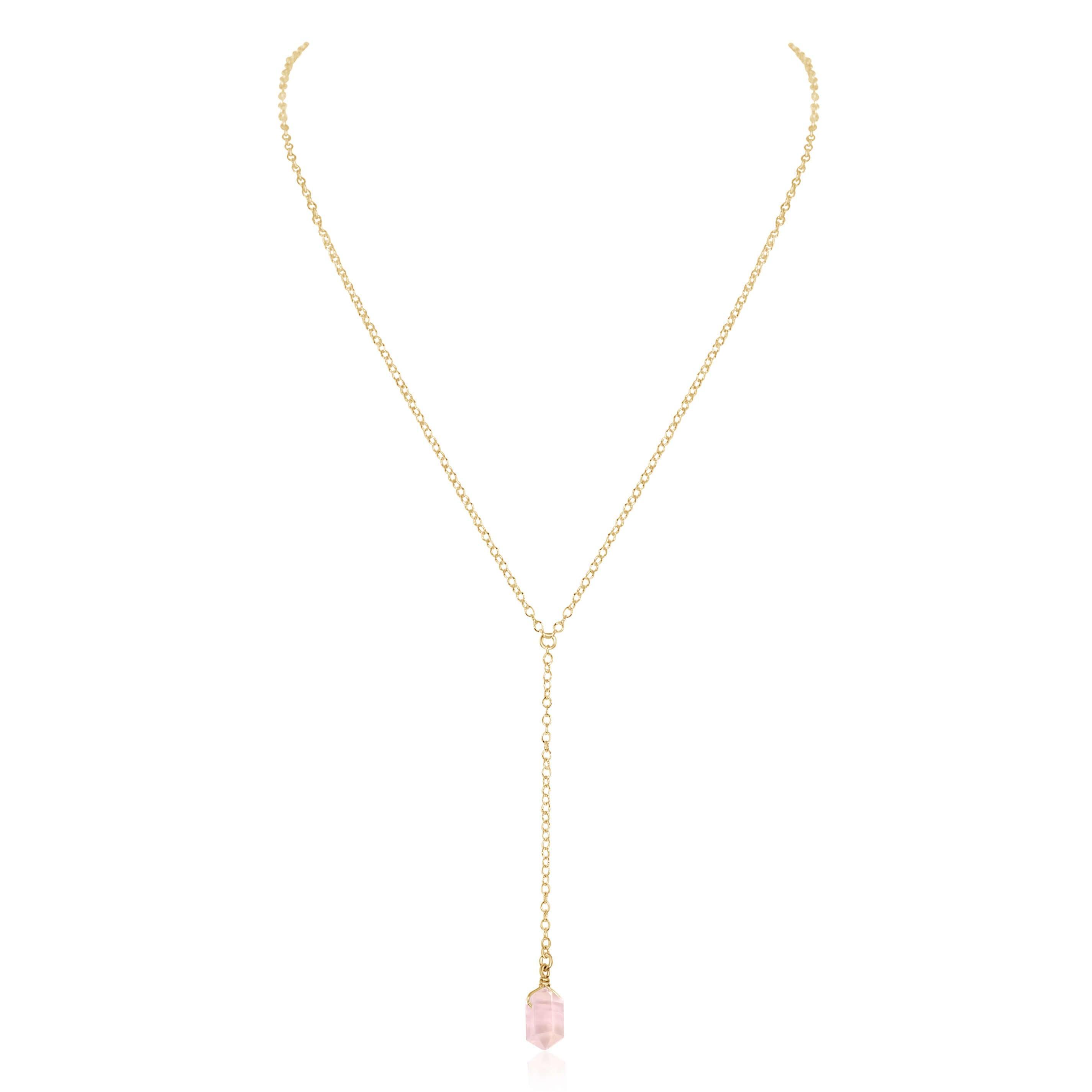 Rose Quartz Double Terminated Mini Crystal Point Lariat Necklace - Rose Quartz Double Terminated Mini Crystal Point Lariat Necklace - 14k Gold Fill - Luna Tide Handmade Crystal Jewellery