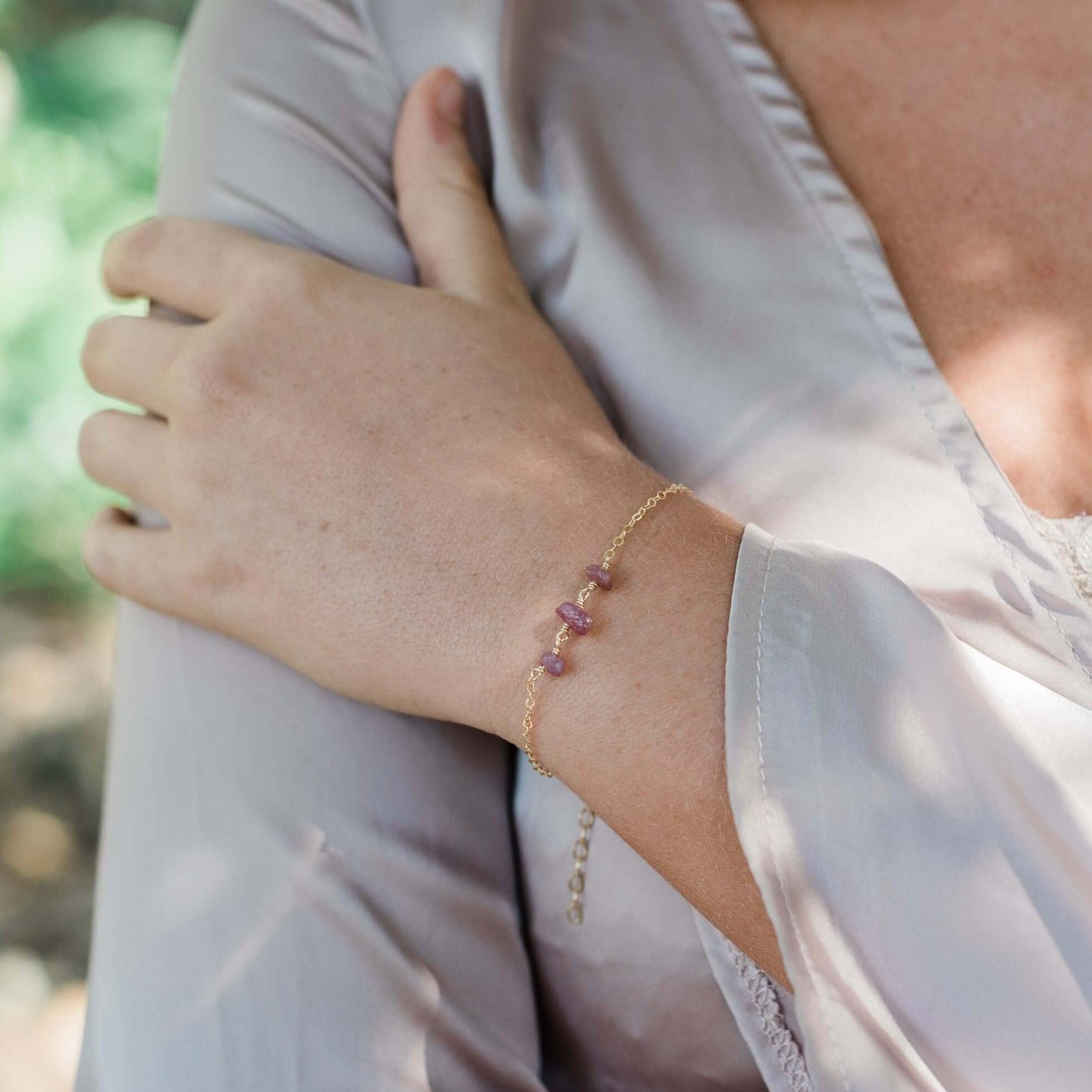 Ruby Beaded Chain Bracelet - Ruby Beaded Chain Bracelet - Sterling Silver - Luna Tide Handmade Crystal Jewellery
