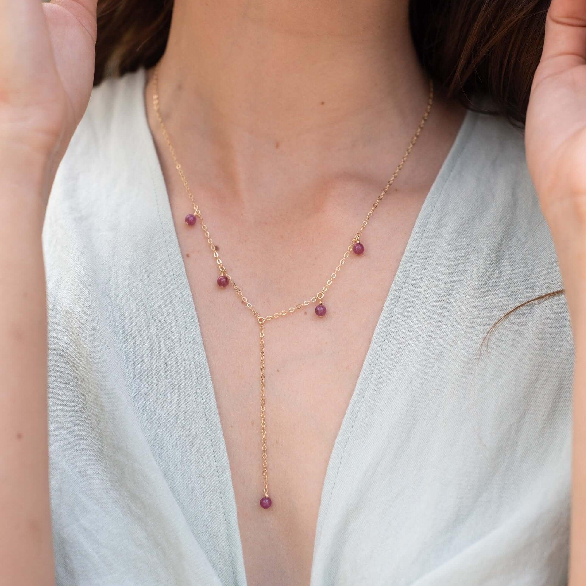 Ruby Boho Lariat Necklace - Ruby Boho Lariat Necklace - Sterling Silver - Luna Tide Handmade Crystal Jewellery