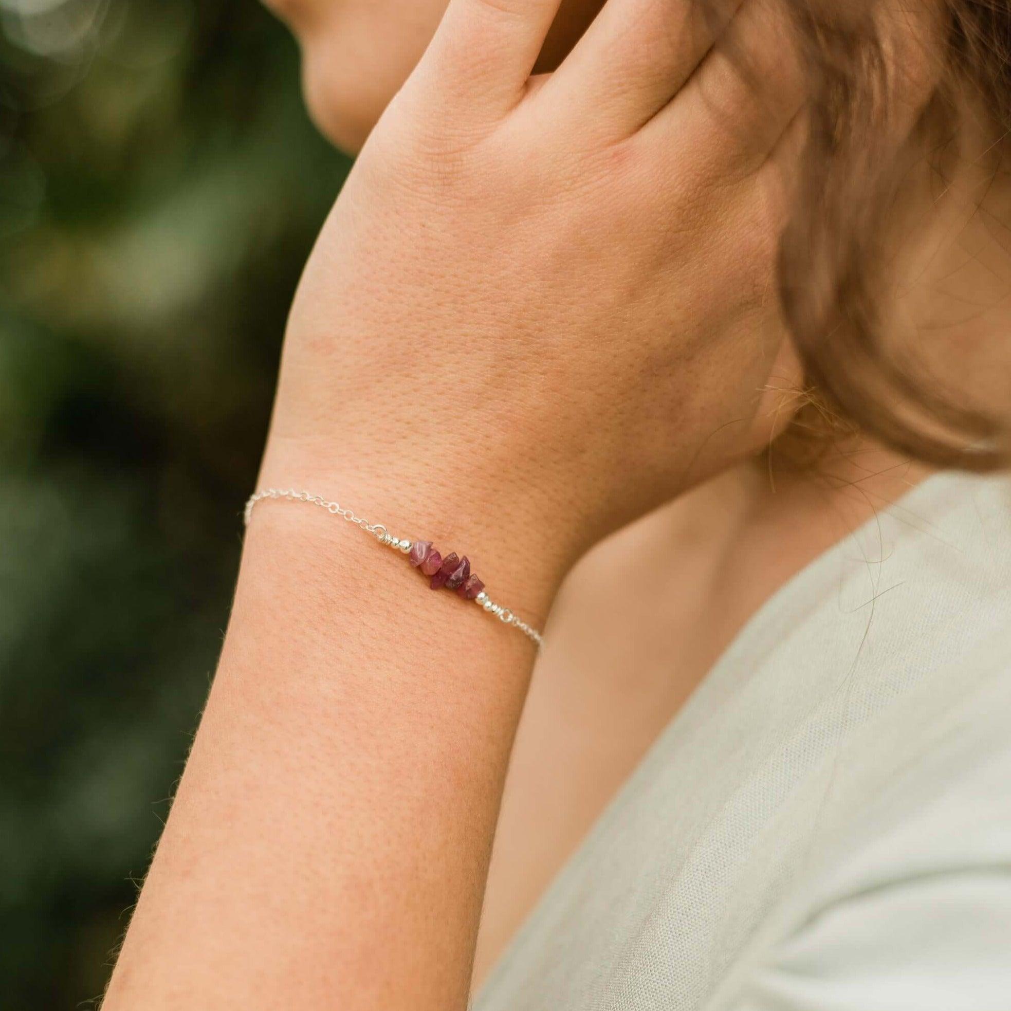 Ruby Chip Bead Bar Bracelet - Ruby Chip Bead Bar Bracelet - Sterling Silver - Luna Tide Handmade Crystal Jewellery