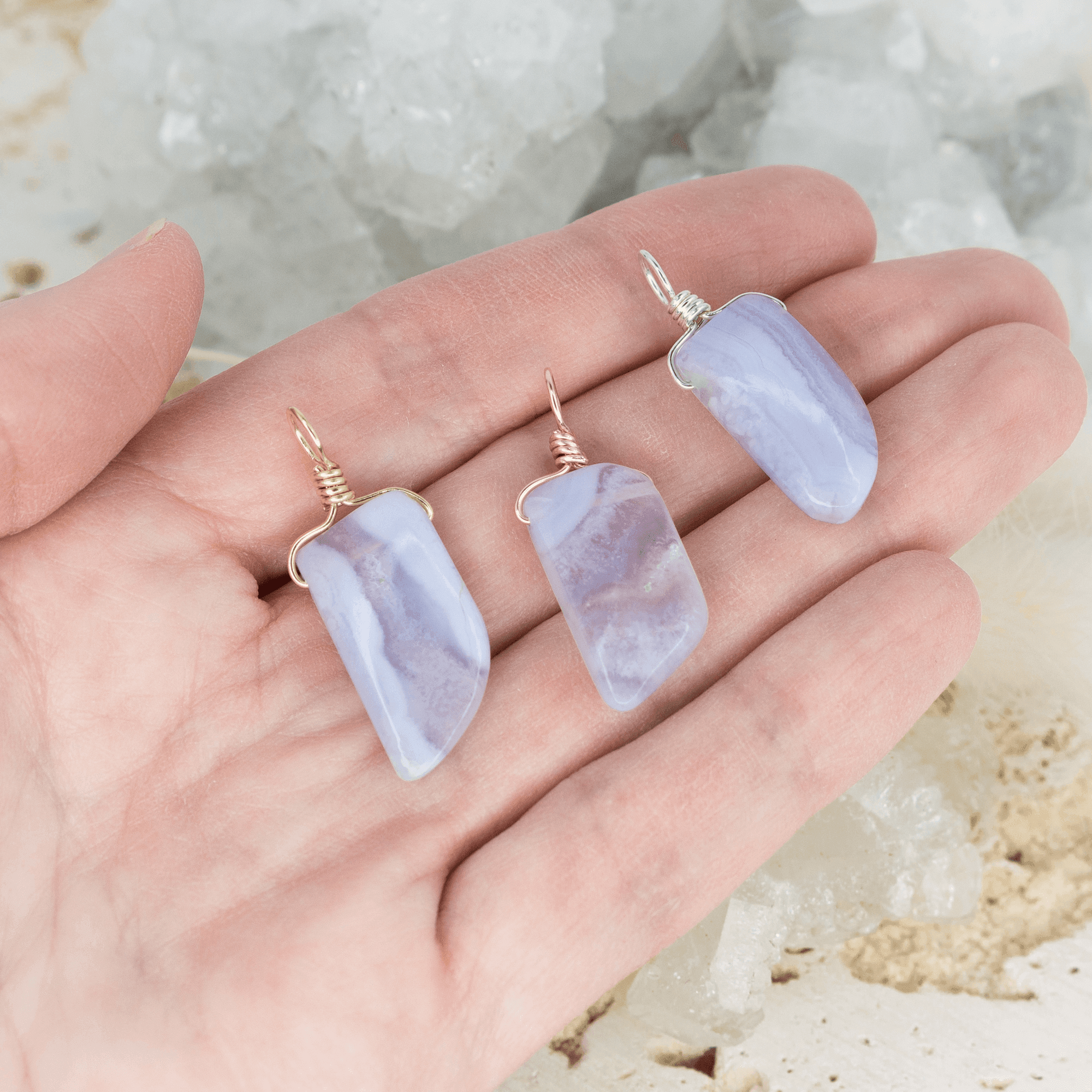 Small Smooth Blue Lace Agate Crystal Pendant with Gentle Point - Small Smooth Blue Lace Agate Crystal Pendant with Gentle Point - Sterling Silver - Luna Tide Handmade Crystal Jewellery