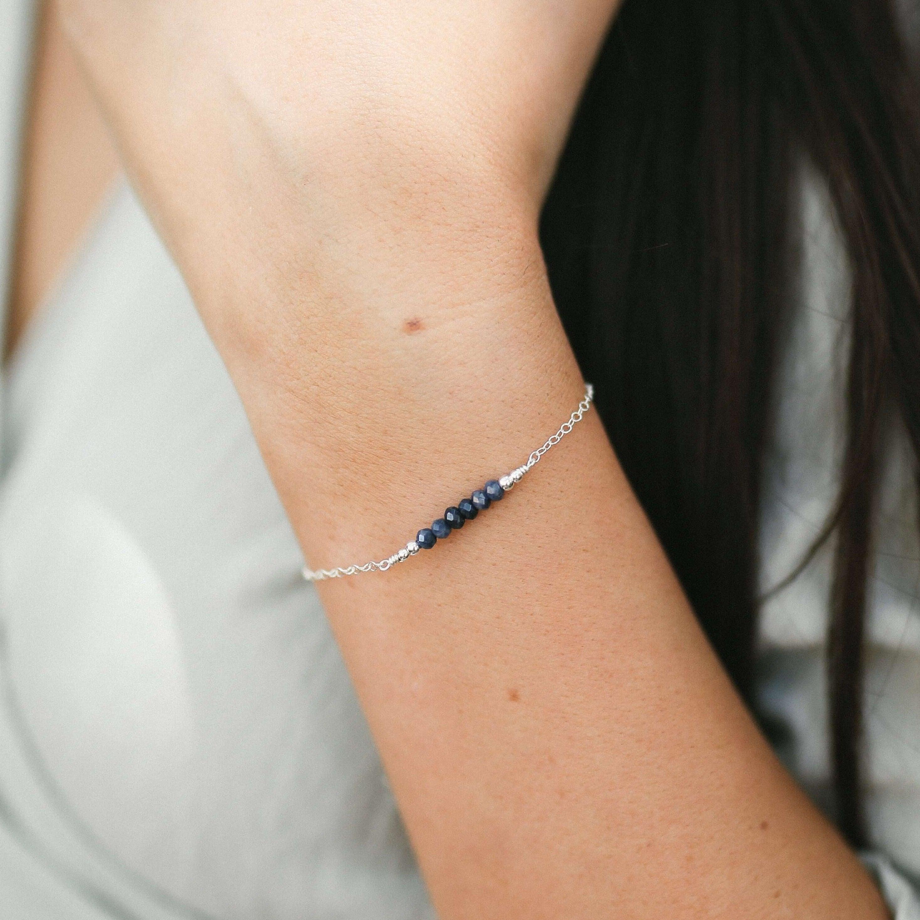 Sparkling Sapphire Gemstone Faceted Bead Bar Bracelet - Sparkling Sapphire Gemstone Faceted Bead Bar Bracelet - Sterling Silver - Luna Tide Handmade Crystal Jewellery