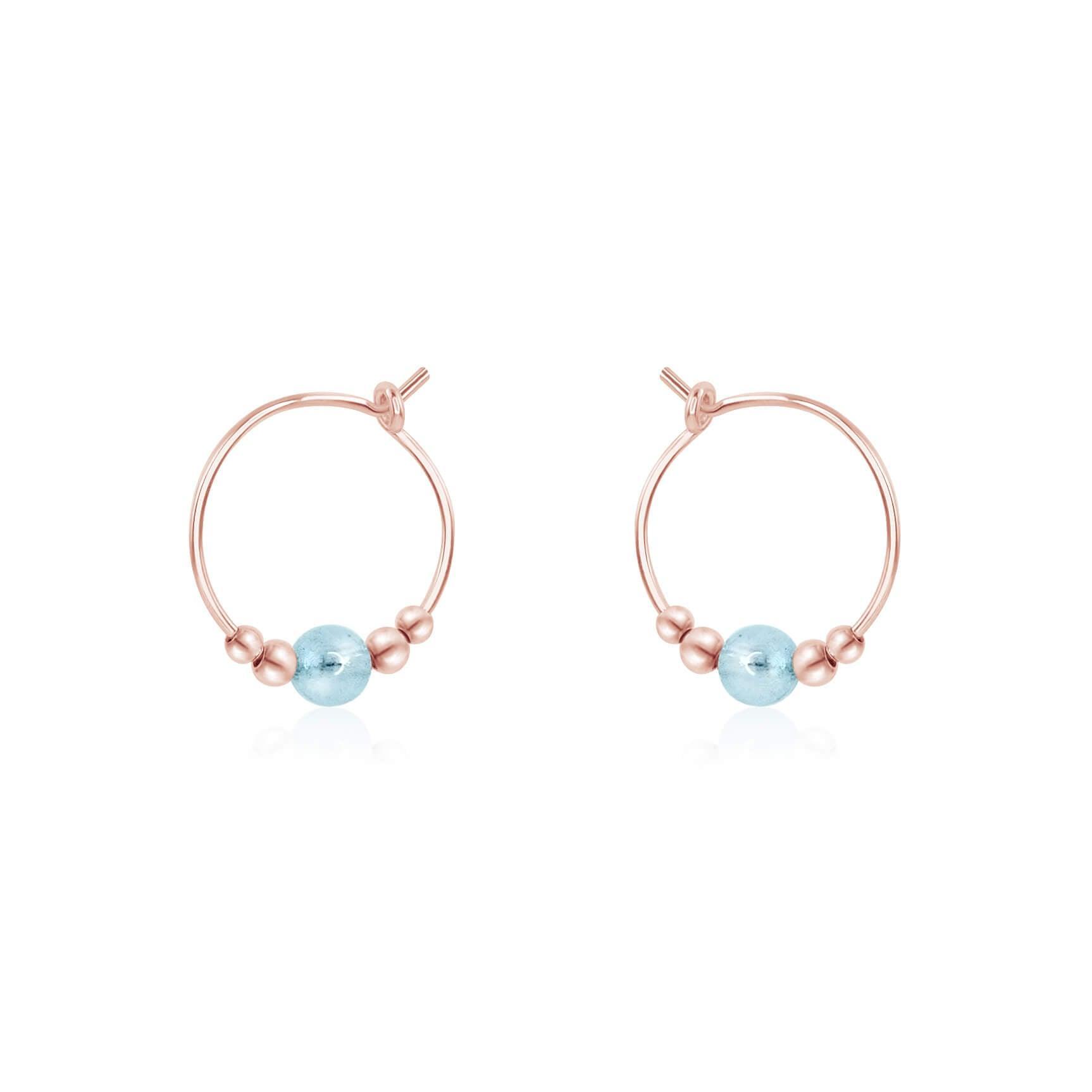 Tiny Blue Aquamarine Bead Hoop Earrings - Tiny Blue Aquamarine Bead Hoop Earrings - 14k Rose Gold Fill - Luna Tide Handmade Crystal Jewellery