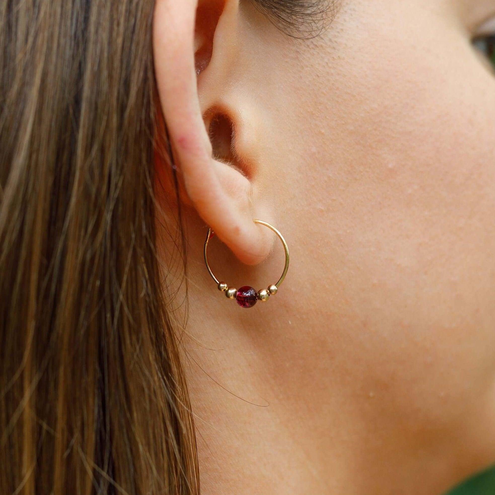 Tiny Garnet Bead Hoop Earrings - Tiny Garnet Bead Hoop Earrings - 14k Gold Fill - Luna Tide Handmade Crystal Jewellery