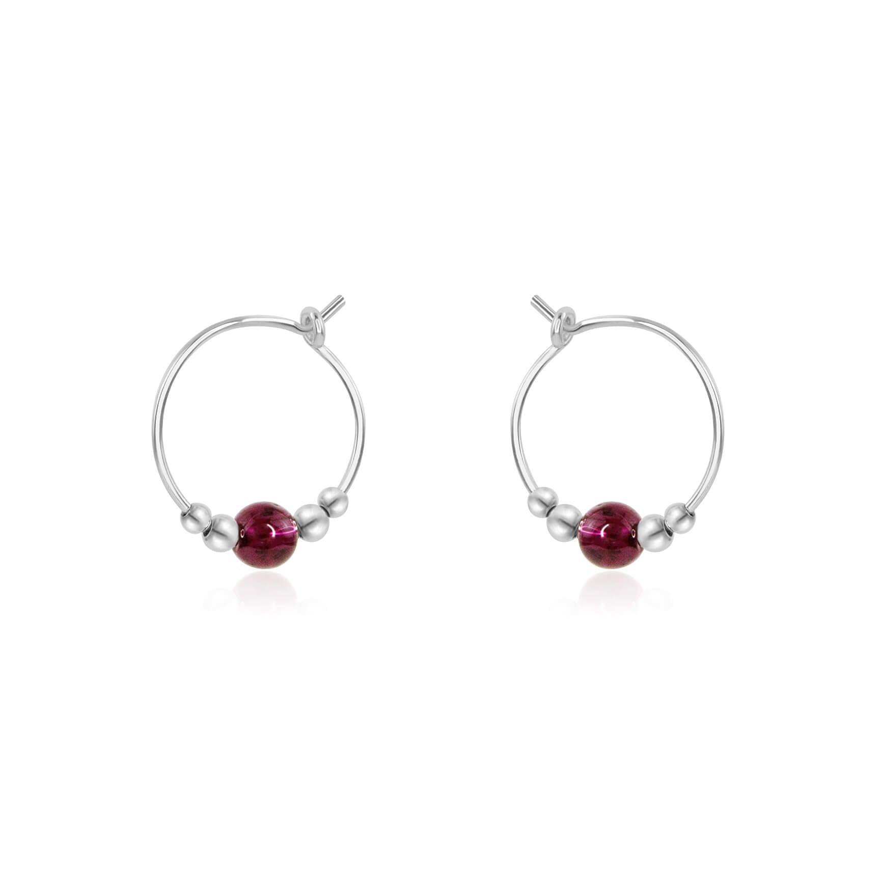 Tiny Garnet Bead Hoop Earrings - Tiny Garnet Bead Hoop Earrings - Sterling Silver - Luna Tide Handmade Crystal Jewellery