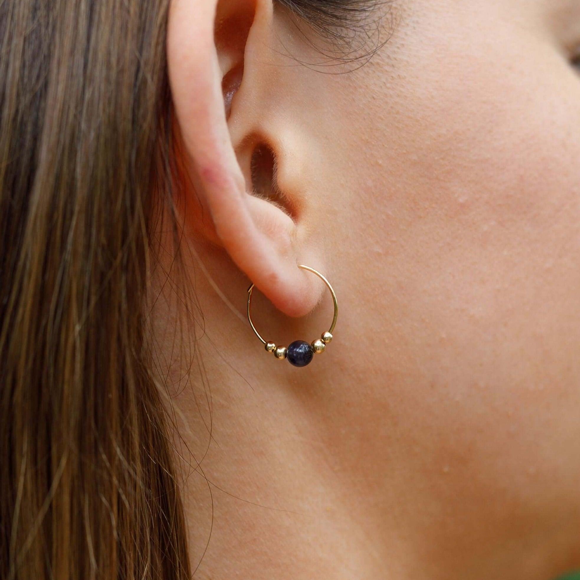 Tiny Iolite Gemstone Bead Hoop Earrings - Tiny Iolite Gemstone Bead Hoop Earrings - 14k Gold Fill - Luna Tide Handmade Crystal Jewellery