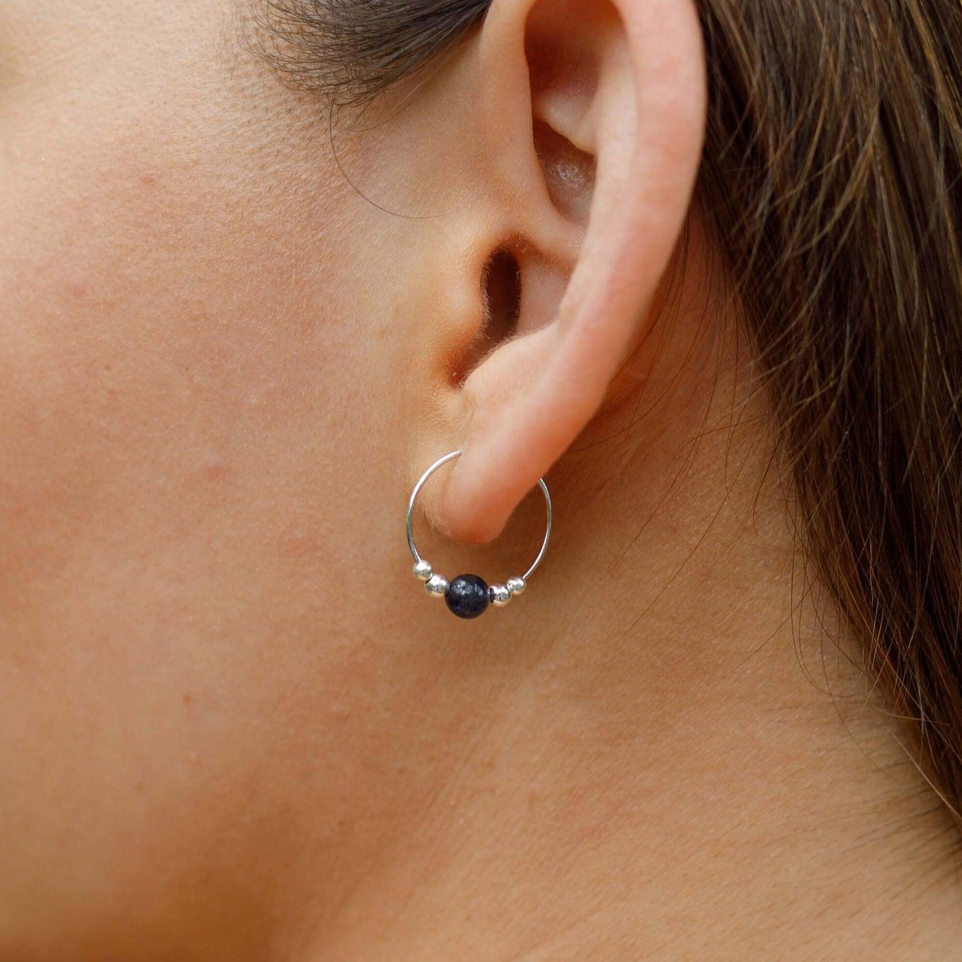 Tiny Iolite Gemstone Bead Hoop Earrings - Tiny Iolite Gemstone Bead Hoop Earrings - 14k Gold Fill - Luna Tide Handmade Crystal Jewellery