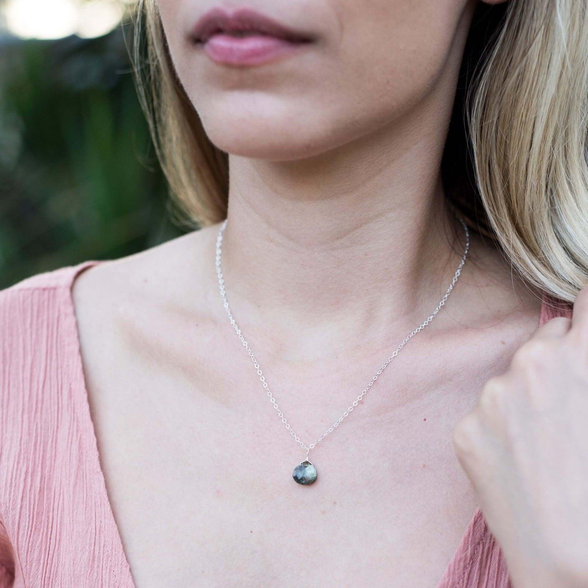 Tiny Labradorite Teardrop Crystal Necklace - Tiny Labradorite Teardrop Crystal Necklace - 14k Gold Fill / Cable - Luna Tide Handmade Crystal Jewellery