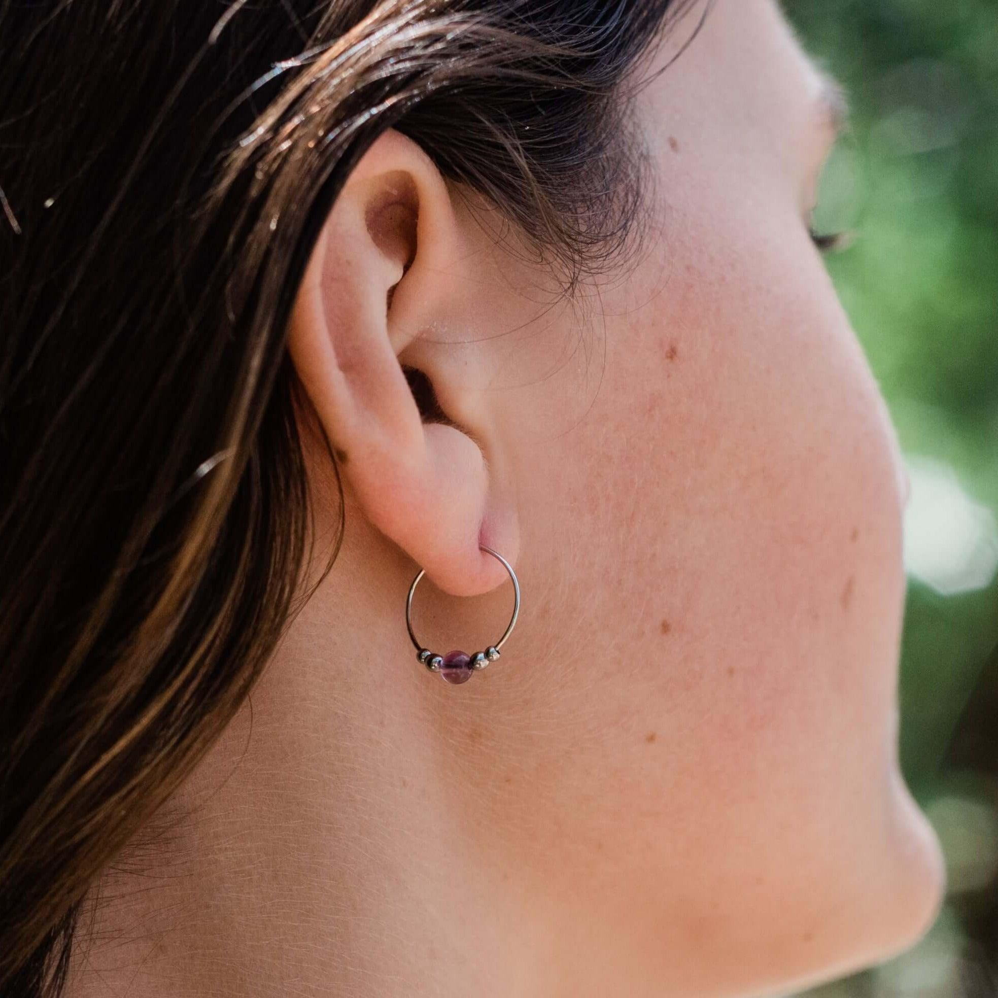 Tiny Purple Amethyst Bead Hoop Earrings - Tiny Purple Amethyst Bead Hoop Earrings - Sterling Silver - Luna Tide Handmade Crystal Jewellery