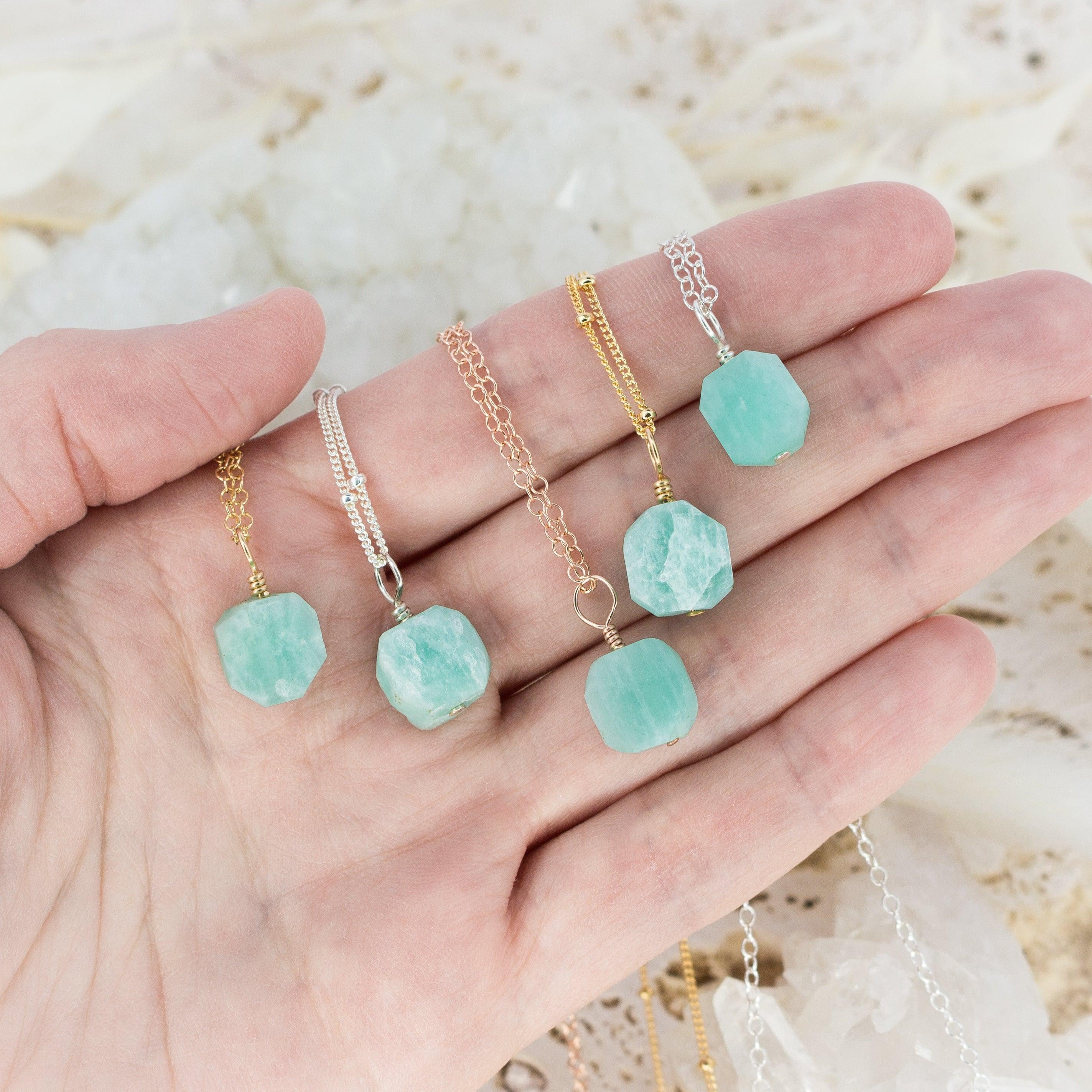 Tiny Raw Amazonite Crystal Pendant Necklace - Tiny Raw Amazonite Crystal Pendant Necklace - 14k Gold Fill / Cable - Luna Tide Handmade Crystal Jewellery
