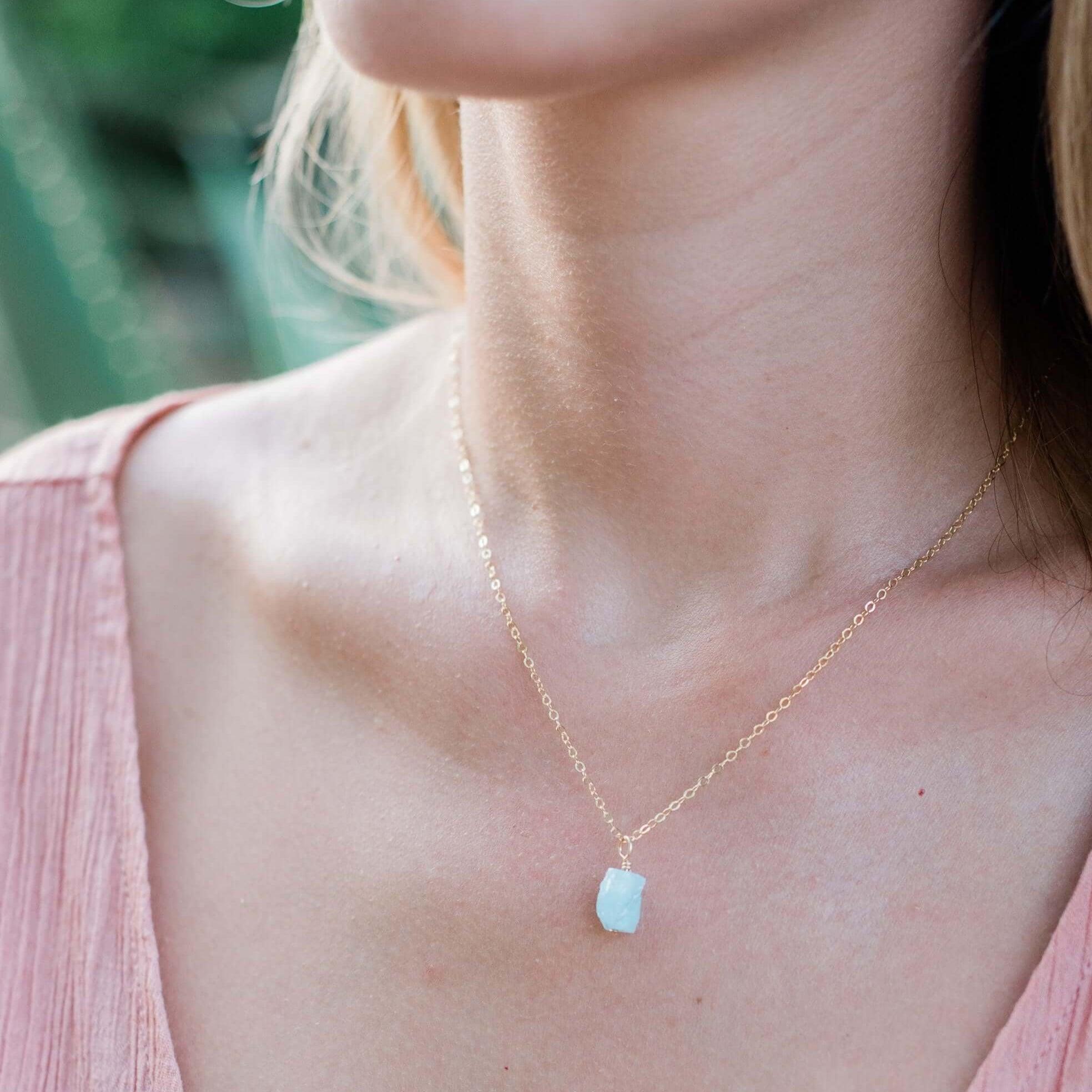 Tiny Raw Aquamarine Pendant Necklace - Tiny Raw Aquamarine Pendant Necklace - Sterling Silver / Cable - Luna Tide Handmade Crystal Jewellery