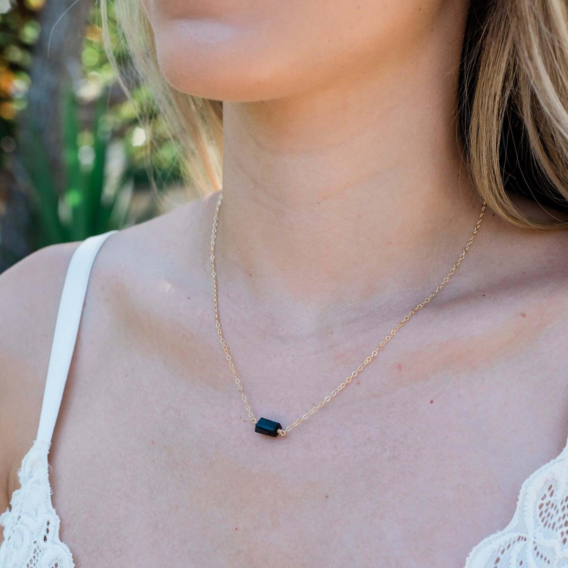 Tiny Raw Black Tourmaline Crystal Nugget Necklace - Tiny Raw Black Tourmaline Crystal Nugget Necklace - Sterling Silver - Luna Tide Handmade Crystal Jewellery