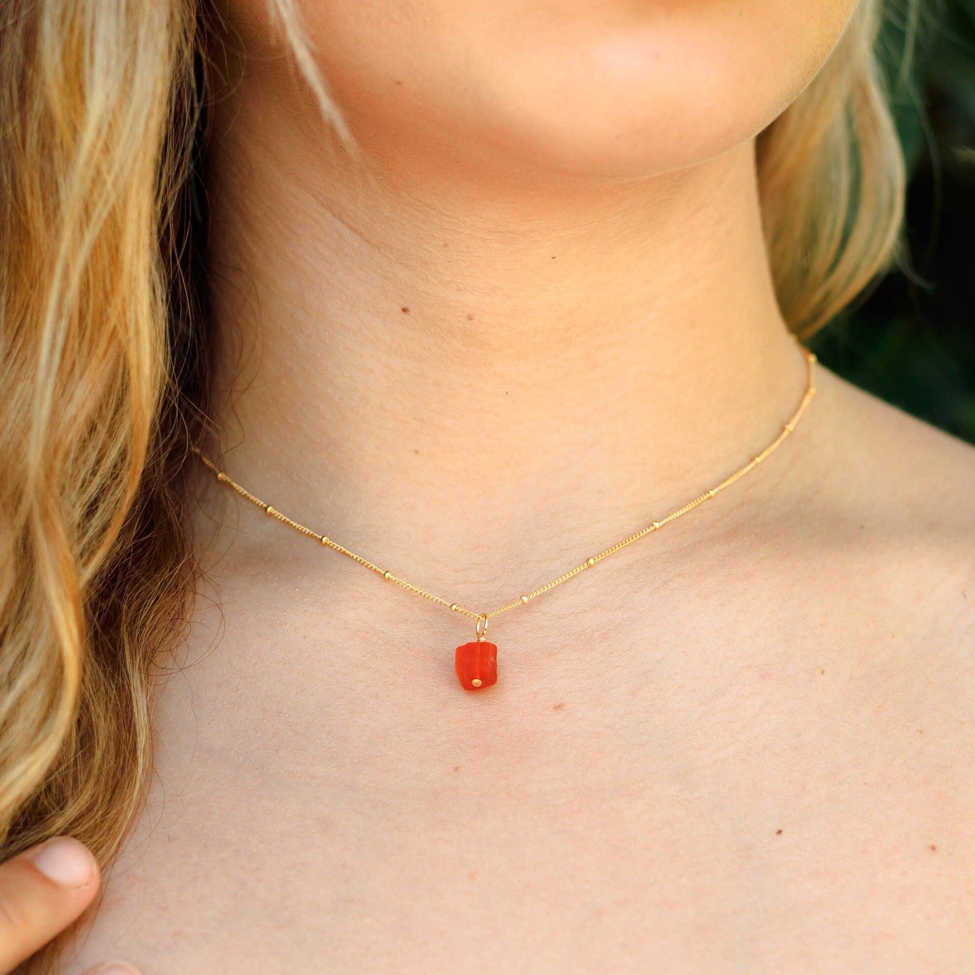 Tiny Raw Carnelian Pendant Necklace - Tiny Raw Carnelian Pendant Necklace - 14k Gold Fill / Cable - Luna Tide Handmade Crystal Jewellery