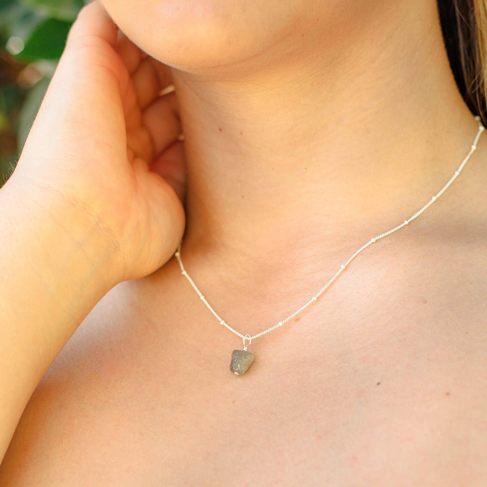 Tiny Raw Labradorite Pendant Necklace - Tiny Raw Labradorite Pendant Necklace - Sterling Silver / Cable - Luna Tide Handmade Crystal Jewellery