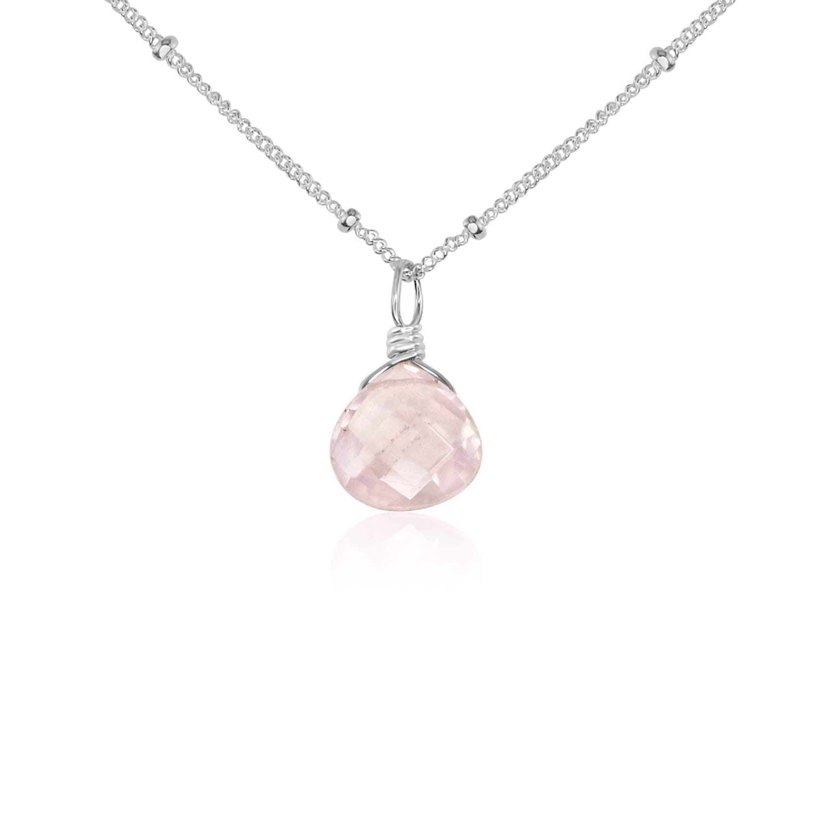 Tiny Rose Quartz Teardrop Crystal Necklace - Tiny Rose Quartz Teardrop Crystal Necklace - Sterling Silver / Satellite - Luna Tide Handmade Crystal Jewellery