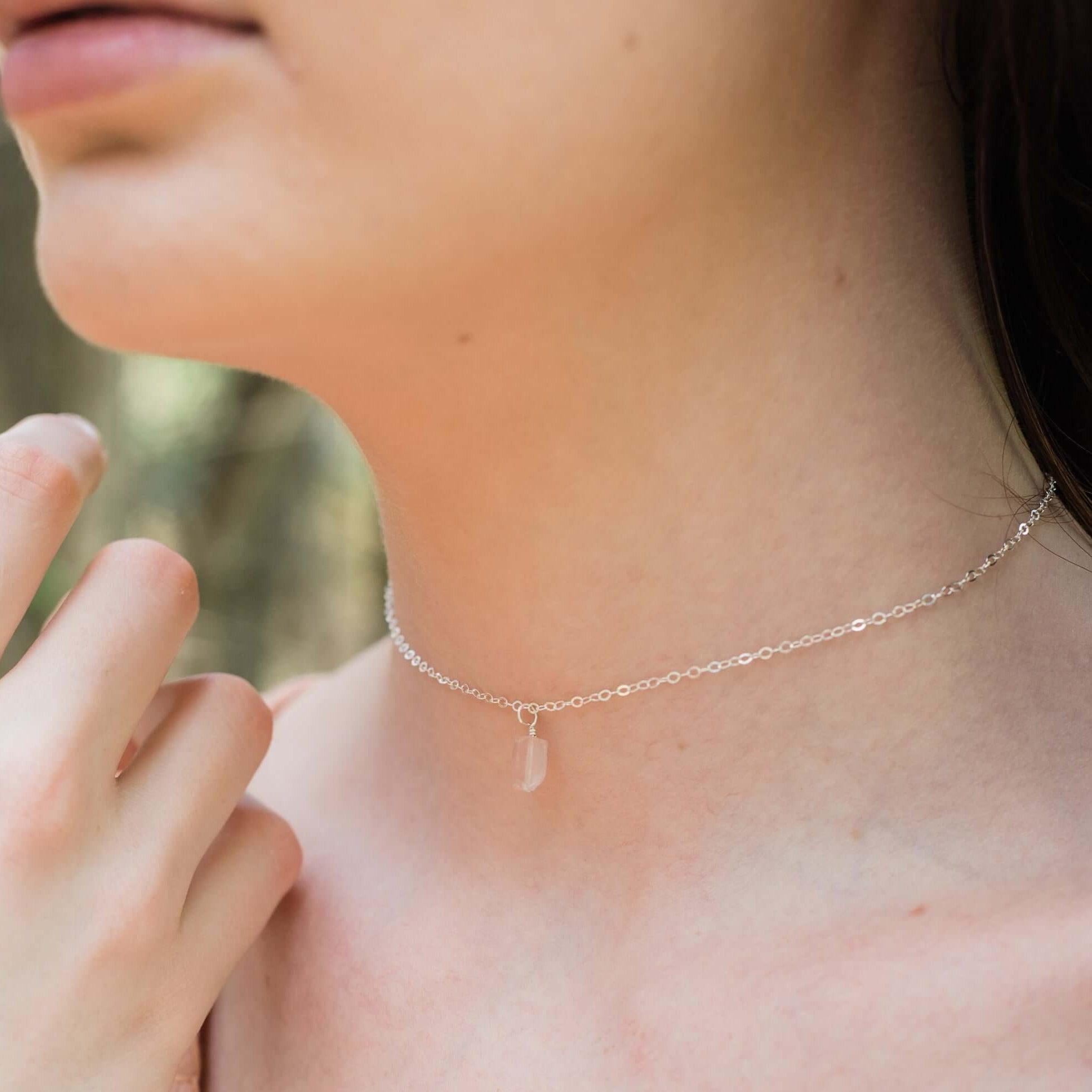 Tiny Rough Rose Quartz Gemstone Pendant Choker - Tiny Rough Rose Quartz Gemstone Pendant Choker - Sterling Silver / Cable - Luna Tide Handmade Crystal Jewellery