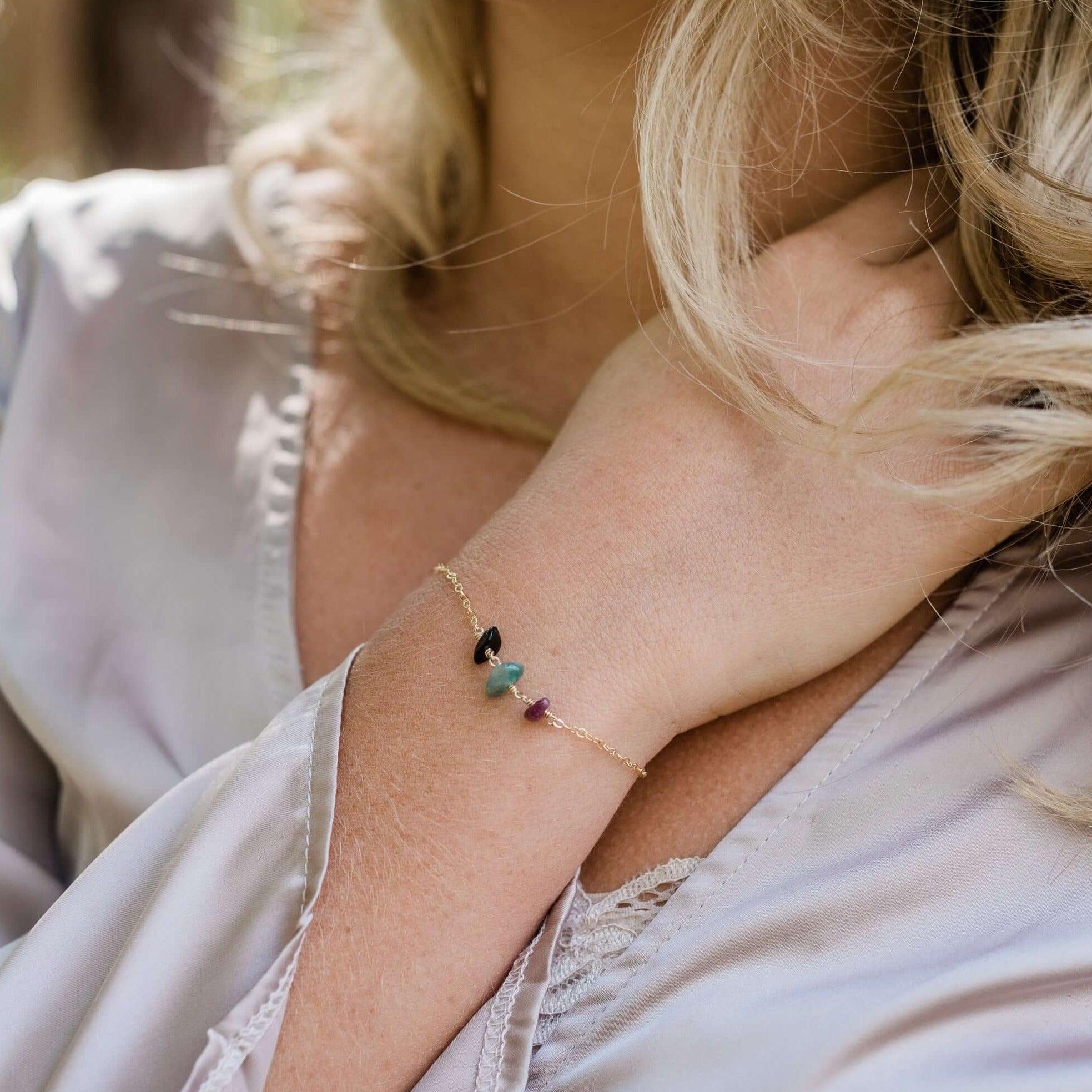 Tourmaline Beaded Chain Bracelet - Tourmaline Beaded Chain Bracelet - Sterling Silver - Luna Tide Handmade Crystal Jewellery