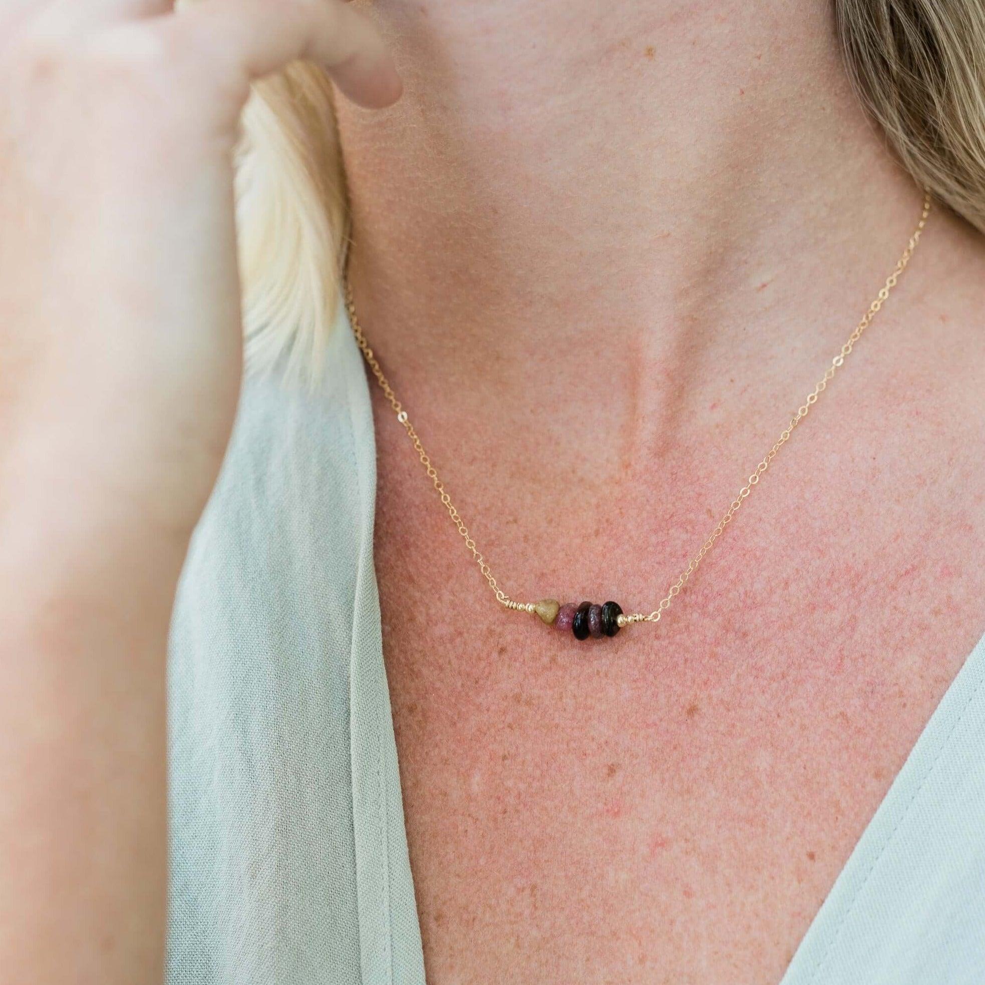 Tourmaline Chip Bead Bar Necklace - Tourmaline Chip Bead Bar Necklace - Sterling Silver - Luna Tide Handmade Crystal Jewellery