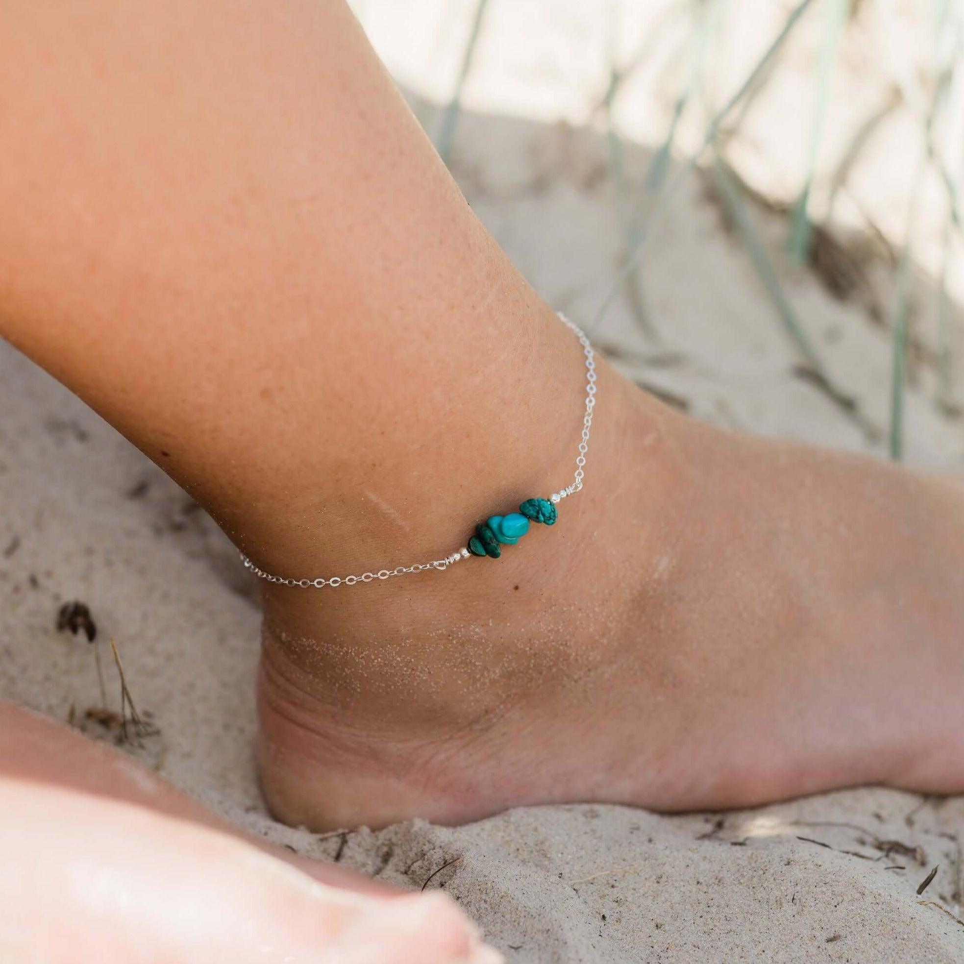 Turquoise Chip Bead Bar Anklet - Turquoise Chip Bead Bar Anklet - 14k Gold Fill - Luna Tide Handmade Crystal Jewellery