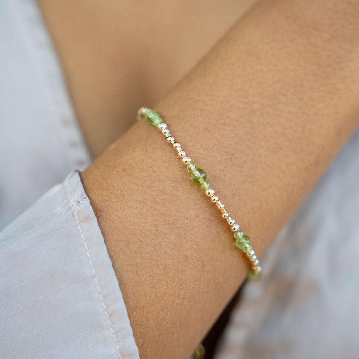 Bohemian Peridot Crystal Precious Metal Beaded Bracelet