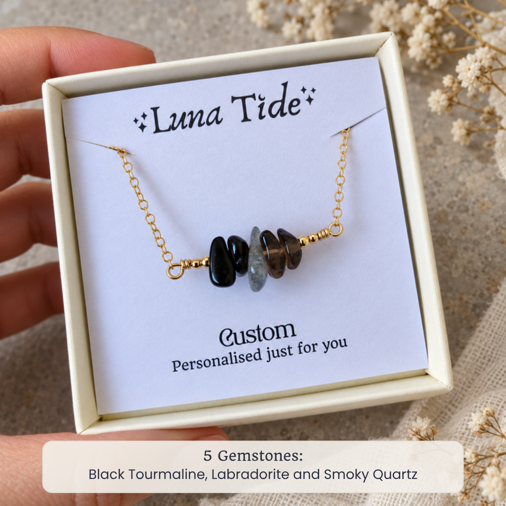 Custom crystal chip bead bar necklace with 5 Gemstones: Black Tourmaline, Labradorite and Smoky Quartz