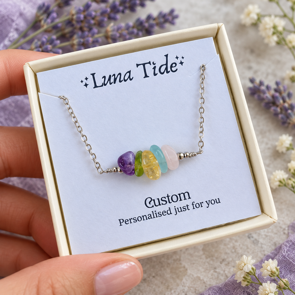 Custom crystal chip bead bar necklace with Amethyst, Peridot, Citrine, Aquamarine and Rose Quartz in a Luna Tide gift box