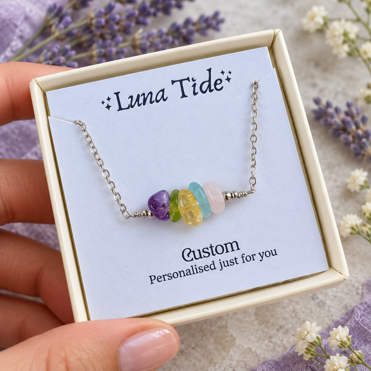 Custom crystal chip bead bar necklace with Amethyst, Peridot, Citrine, Aquamarine and Rose Quartz in a Luna Tide gift box